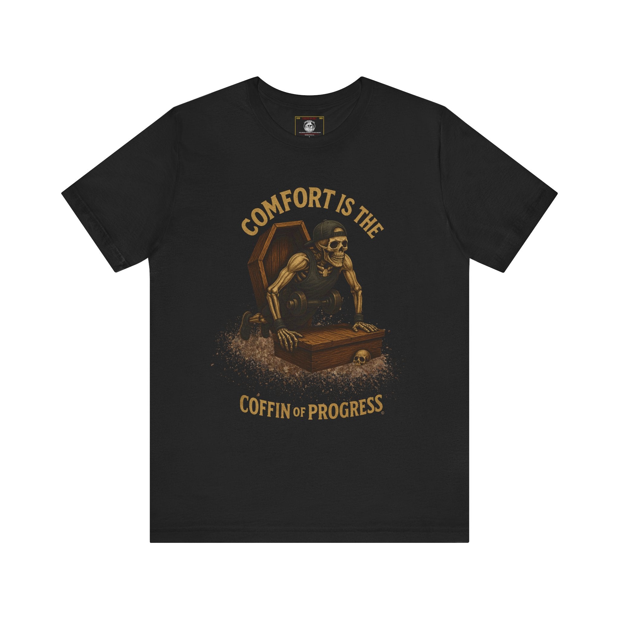 Hardcore Gym Halloween Shirt – “Comfort is the Coffin of Progress” | Skeleton Workout Tee for Discipline-Driven Lifters