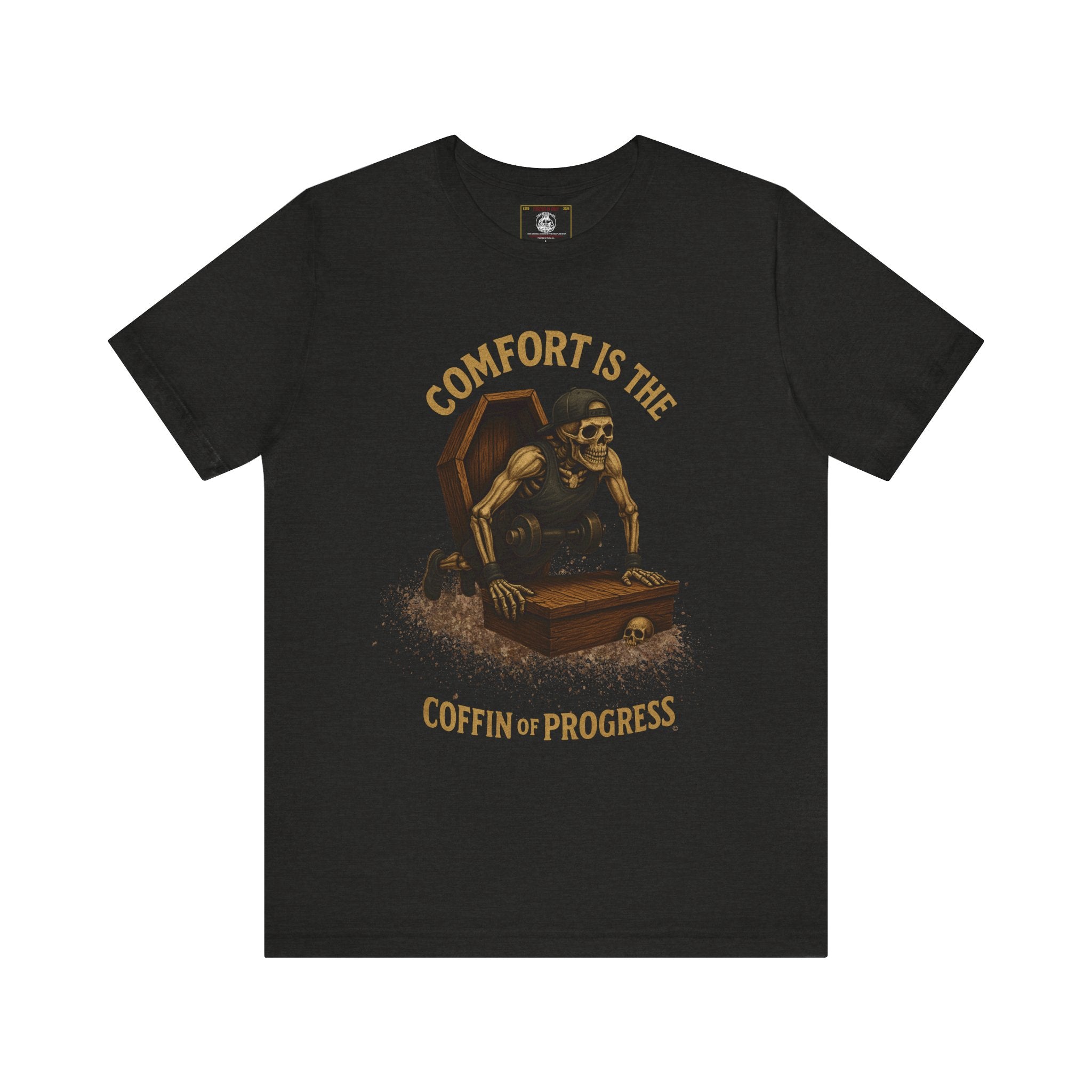 Hardcore Gym Halloween Shirt – “Comfort is the Coffin of Progress” | Skeleton Workout Tee for Discipline-Driven Lifters