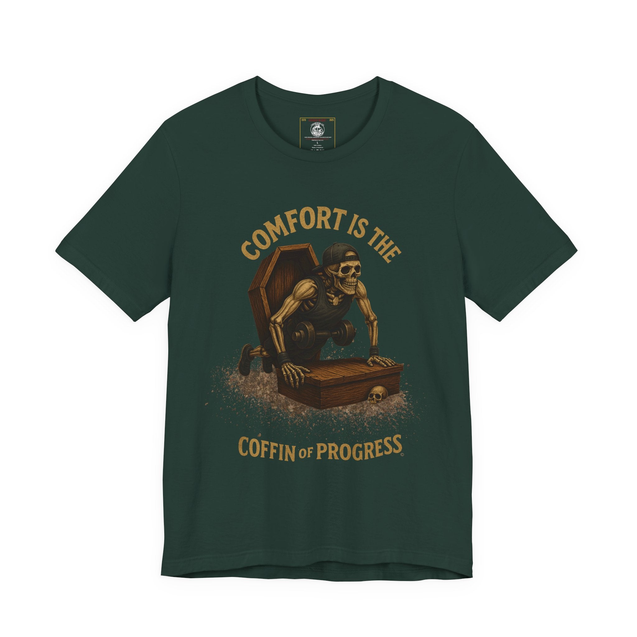 Hardcore Gym Halloween Shirt – “Comfort is the Coffin of Progress” | Skeleton Workout Tee for Discipline-Driven Lifters