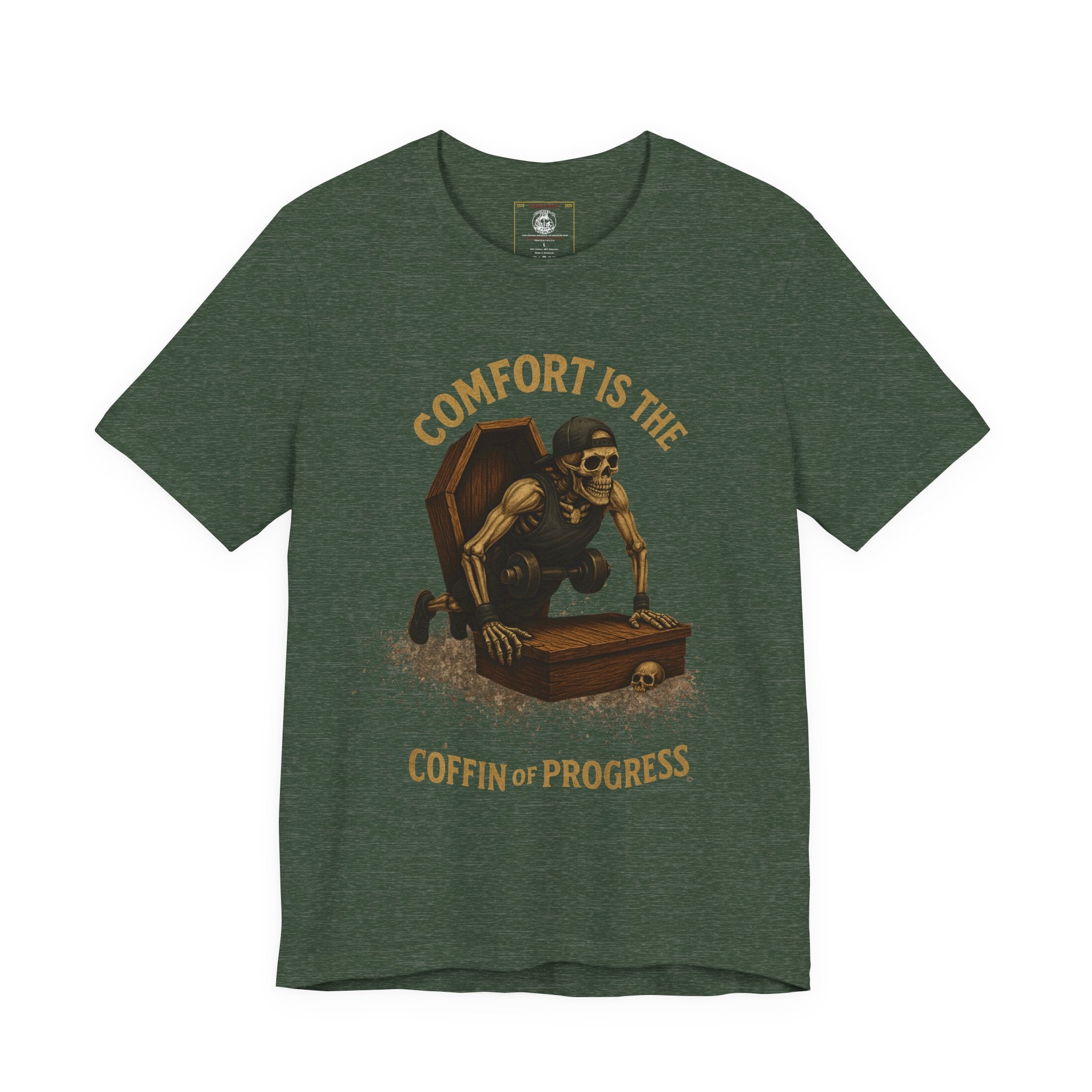 Hardcore Gym Halloween Shirt – “Comfort is the Coffin of Progress” | Skeleton Workout Tee for Discipline-Driven Lifters