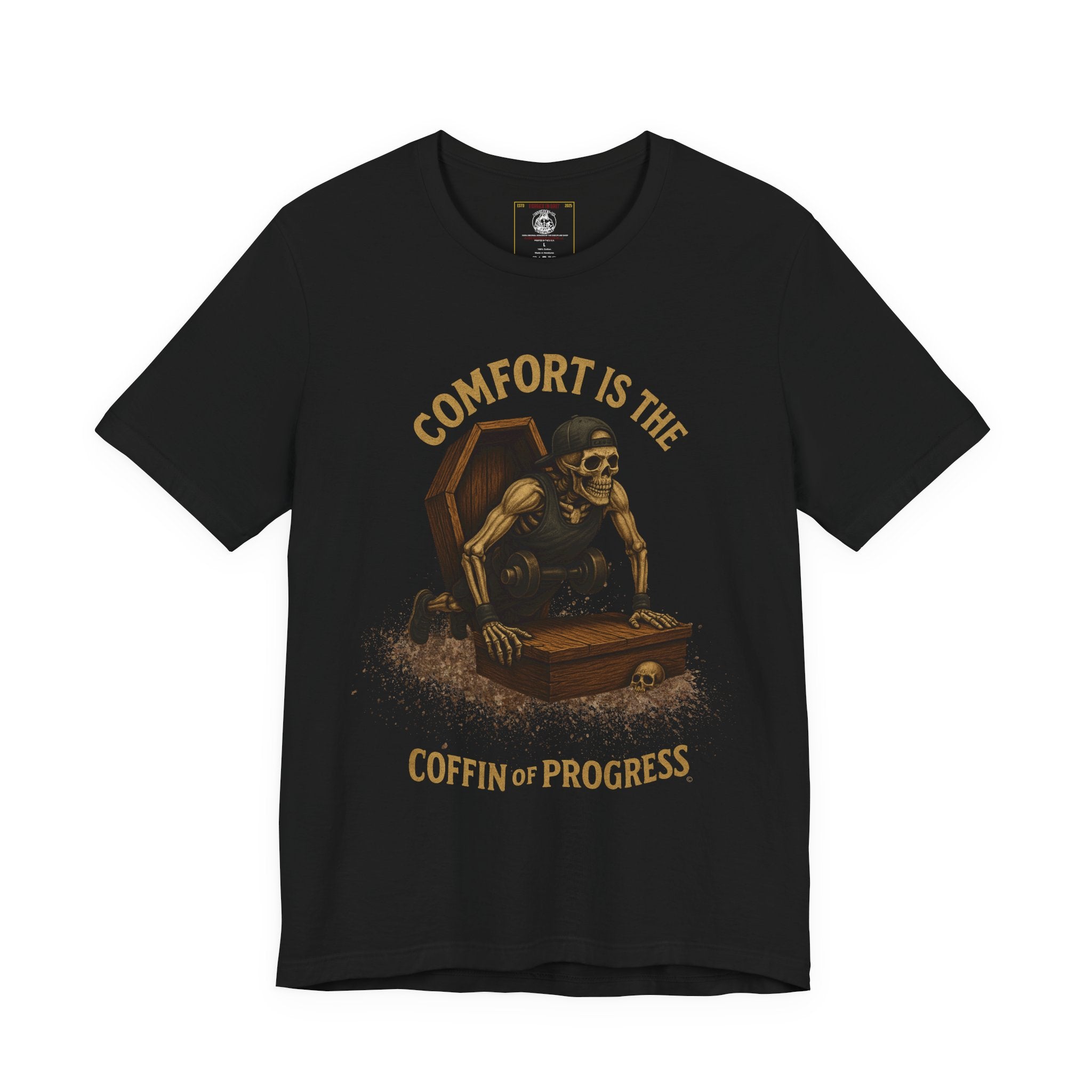Hardcore Gym Halloween Shirt – “Comfort is the Coffin of Progress” | Skeleton Workout Tee for Discipline-Driven Lifters