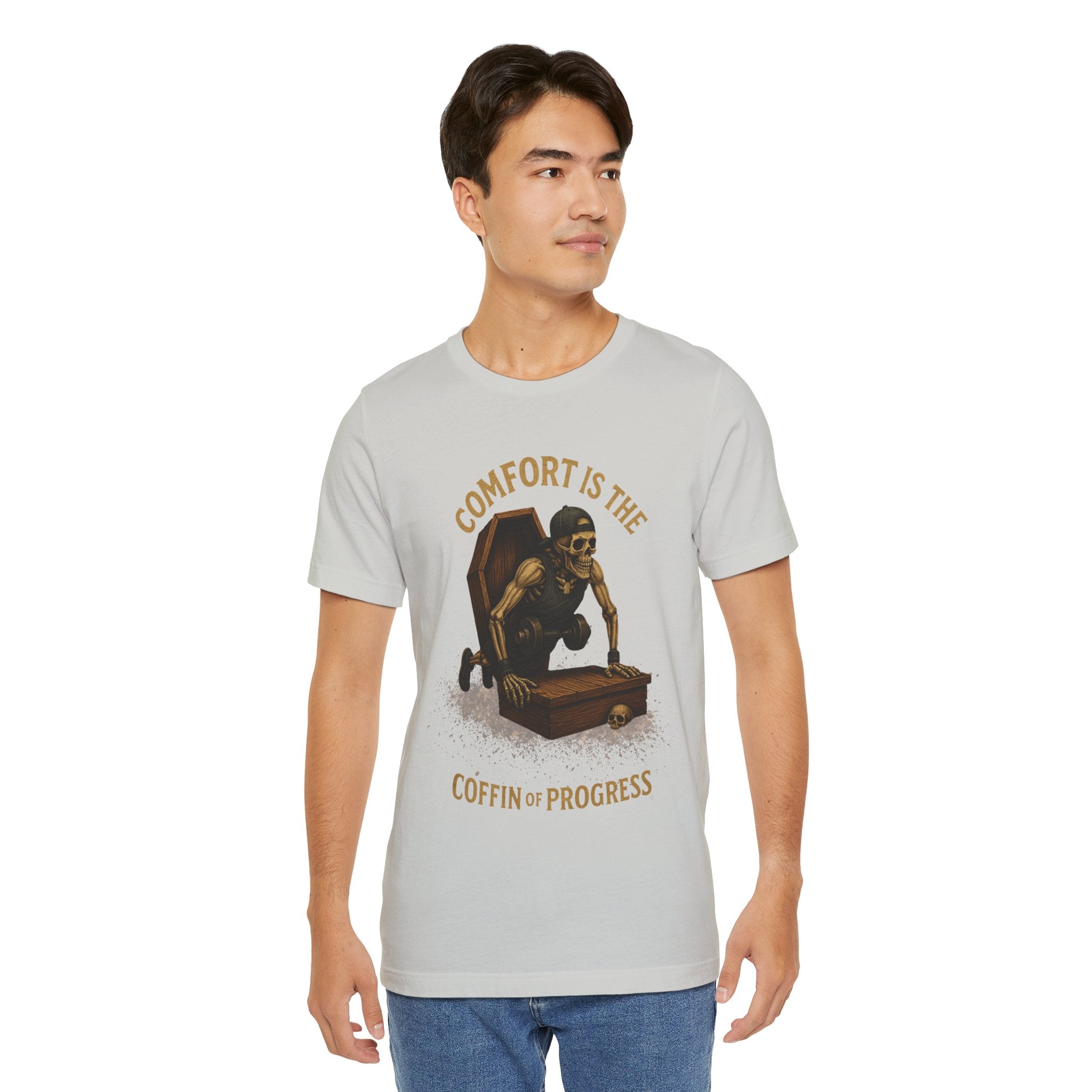 Hardcore Gym Halloween Shirt – “Comfort is the Coffin of Progress” | Skeleton Workout Tee for Discipline-Driven Lifters