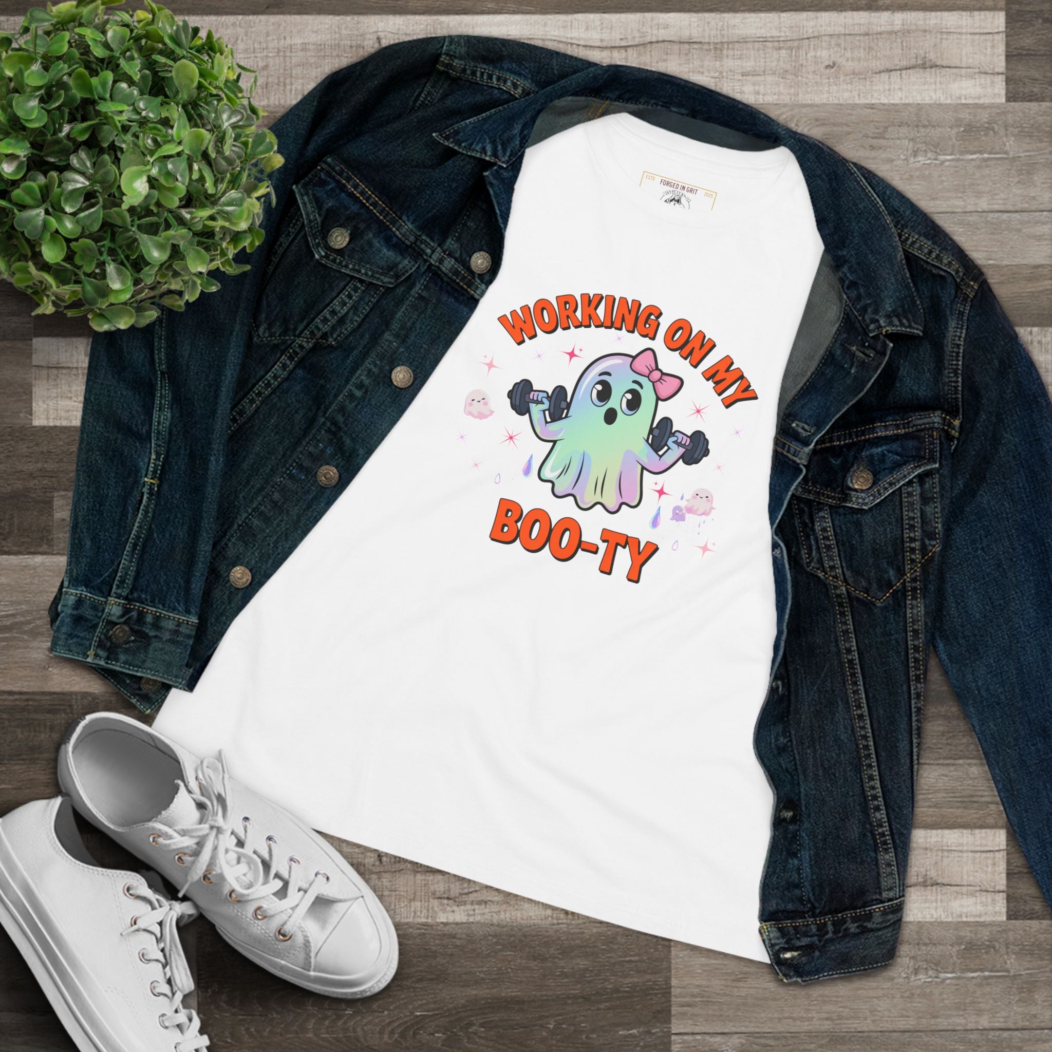 Working on My Boo-ty | Cute Halloween Ghost Workout Shirt - Funny Halloween T-Shirt, Women's Graphic Tee, Spooky Season Shirt, Gift for Her