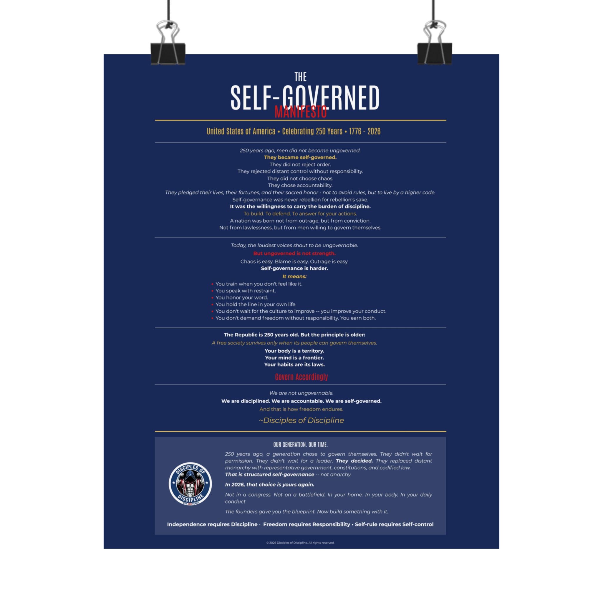 Self-Governed Manifesto Poster | USA 250th Anniversary Wall Art | Patriotic Discipline Print | Navy Gold Home Gym Office Decor 1776-2026