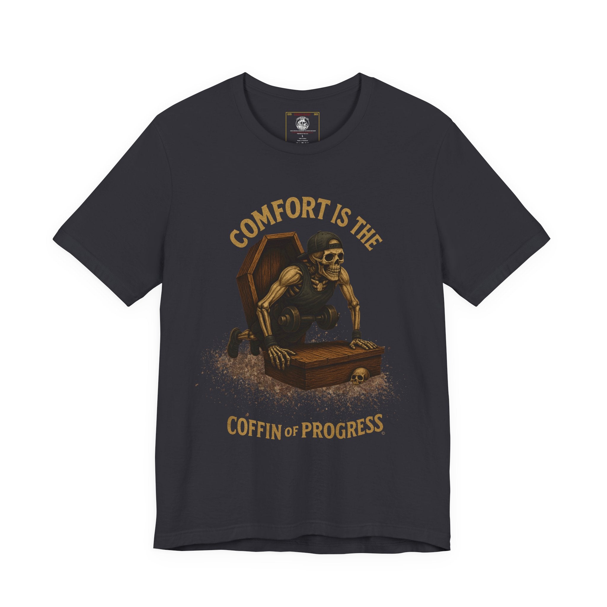 Hardcore Gym Halloween Shirt – “Comfort is the Coffin of Progress” | Skeleton Workout Tee for Discipline-Driven Lifters