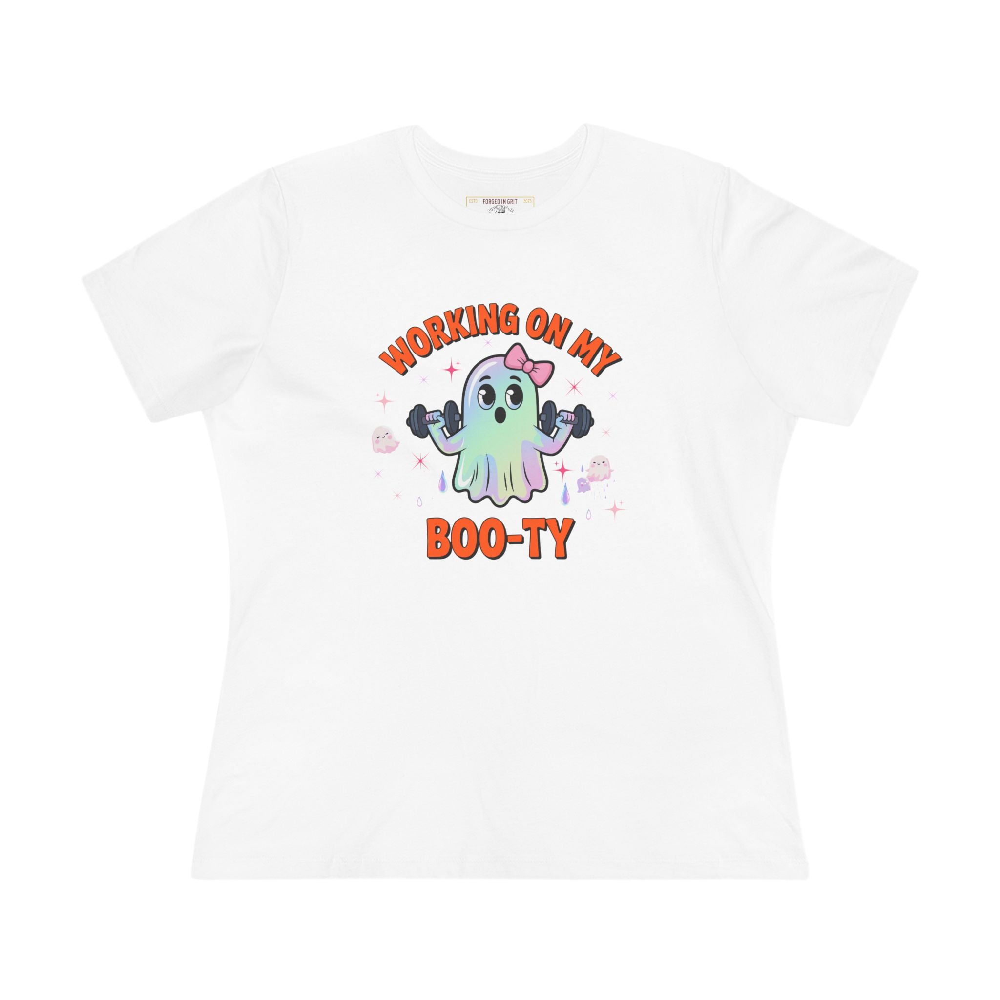 Working on My Boo-ty | Cute Halloween Ghost Workout Shirt - Funny Halloween T-Shirt, Women's Graphic Tee, Spooky Season Shirt, Gift for Her