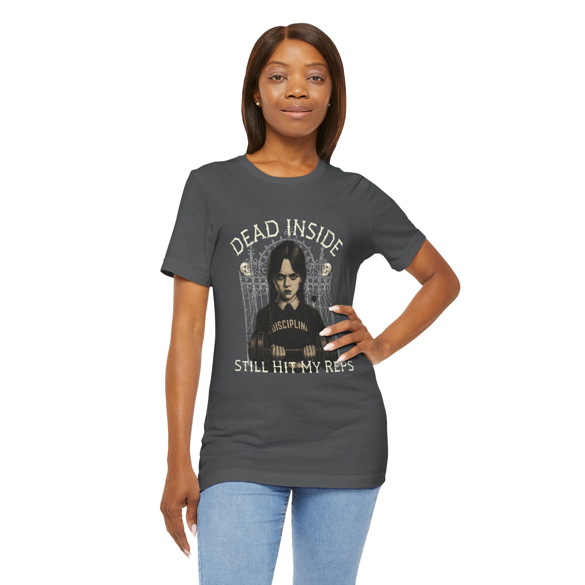 Dead Inside Still Hit My Reps Shirt β Wednesday Addams Gothic Gym Workout Tee β Dark Humor Fitness Halloween Top