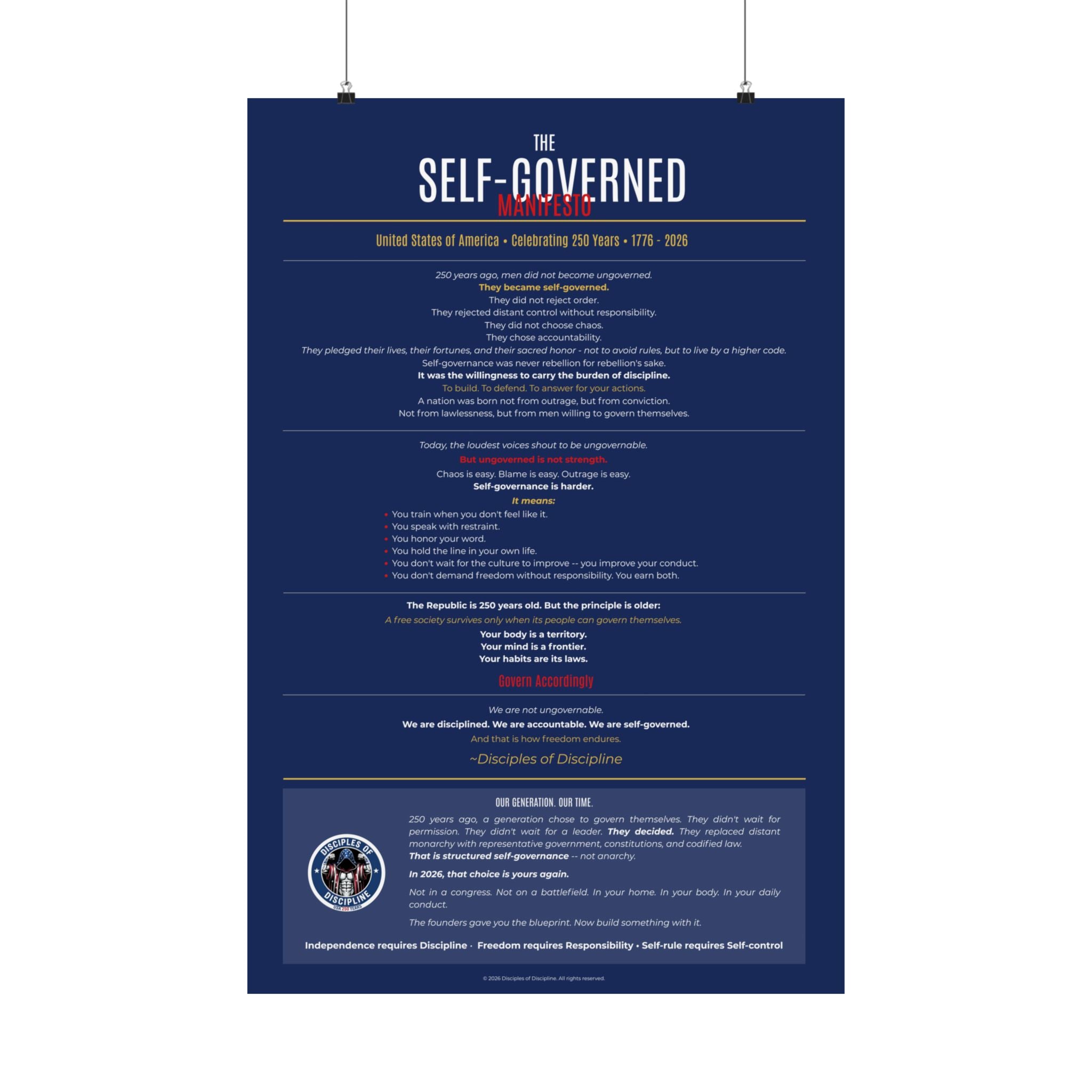 Self-Governed Manifesto Poster | USA 250th Anniversary Wall Art | Patriotic Discipline Print | Navy Gold Home Gym Office Decor 1776-2026