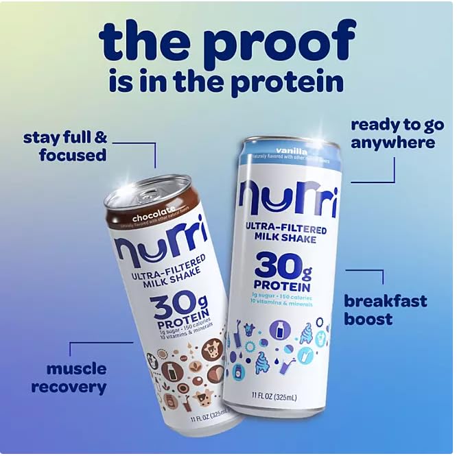 Nurri Ultra-Filtered Protein Shake, Vanilla and Chocolate Flavors, 30g Protein, 11 Fl Oz Cans, 12 Pack