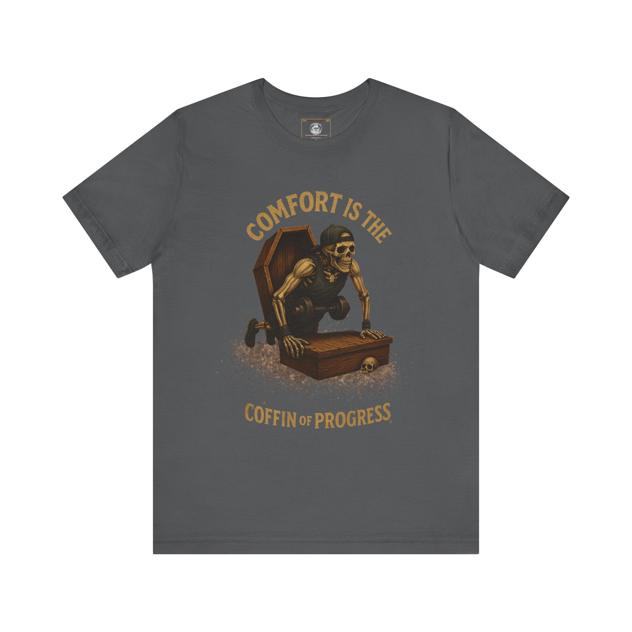 Hardcore Gym Halloween Shirt – “Comfort is the Coffin of Progress” | Skeleton Workout Tee for Discipline-Driven Lifters