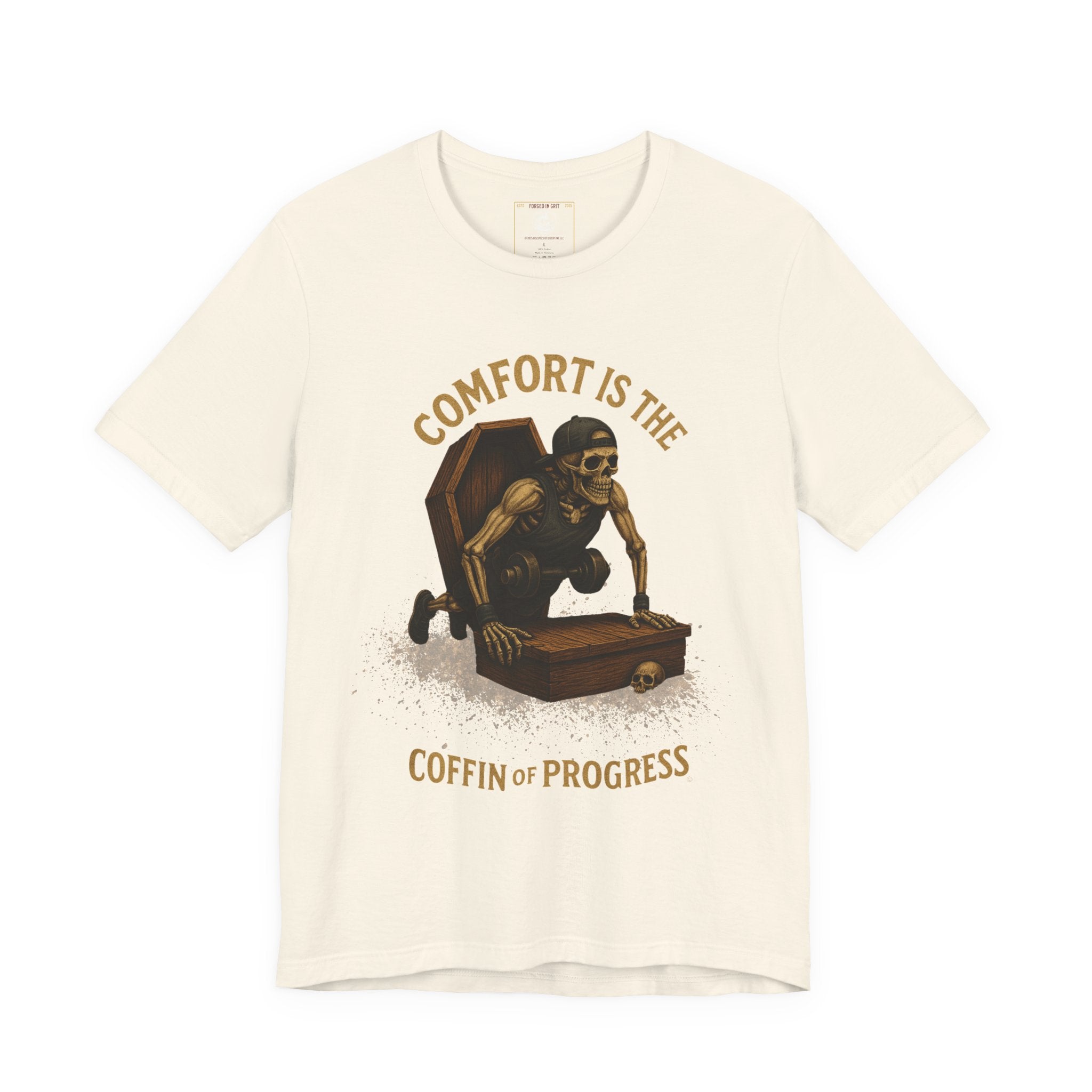 Hardcore Gym Halloween Shirt – “Comfort is the Coffin of Progress” | Skeleton Workout Tee for Discipline-Driven Lifters