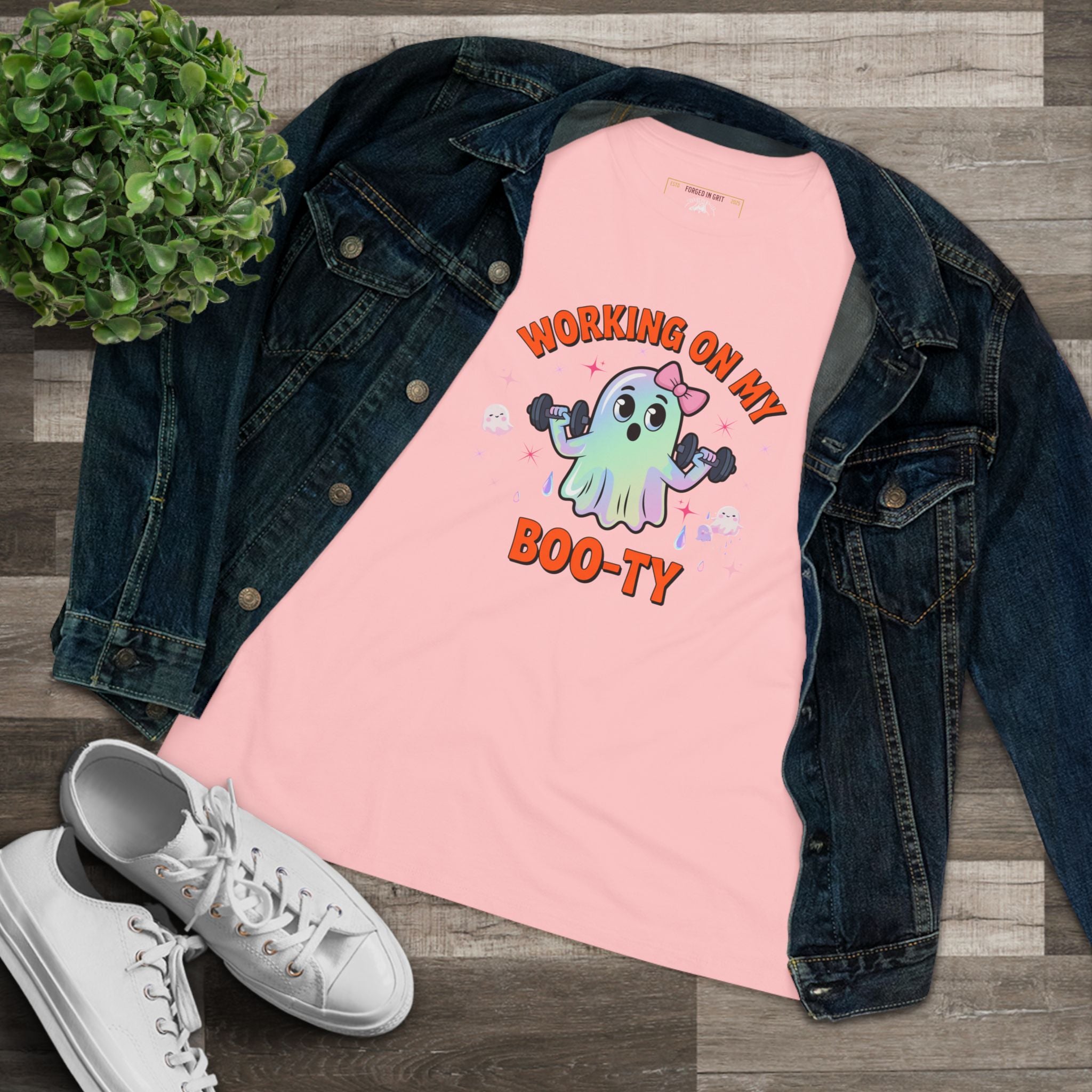 Working on My Boo-ty | Cute Halloween Ghost Workout Shirt - Funny Halloween T-Shirt, Women's Graphic Tee, Spooky Season Shirt, Gift for Her