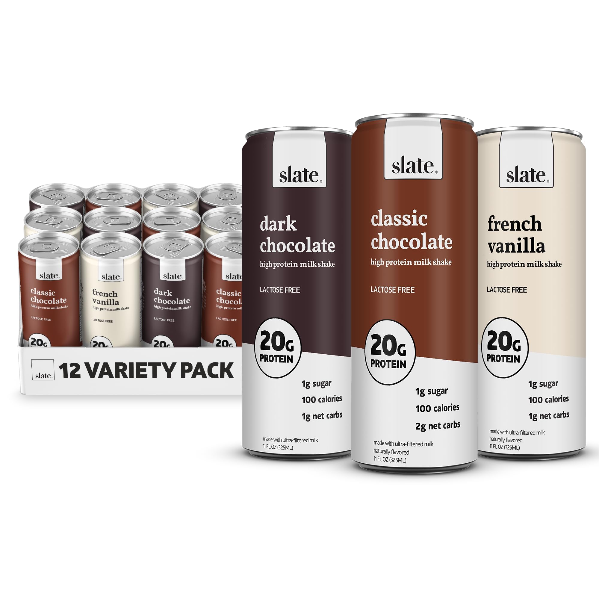 Slate Milk - High Protein Iced Coffee - Energy Variety Pack - Caramel Latte, Mocha Latte, Vanilla Latte - 175mg Caffeine, Lactose Free - 20g Protein, 1g Sugar - Protein Coffee - 11 fl oz, 12 Cans