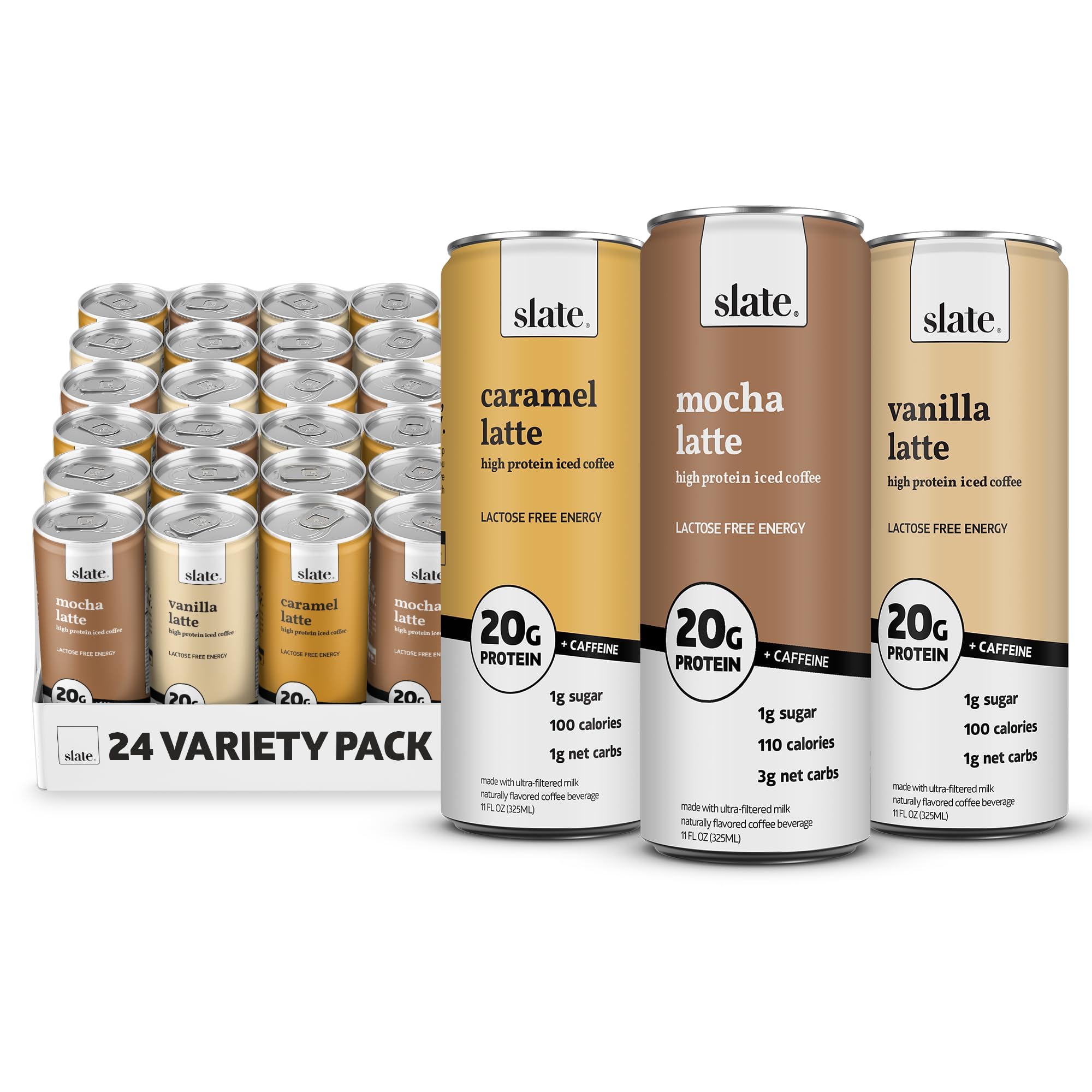 Slate Milk - High Protein Iced Coffee - Energy Variety Pack - Caramel Latte, Mocha Latte, Vanilla Latte - 175mg Caffeine, Lactose Free - 20g Protein, 1g Sugar - Protein Coffee - 11 fl oz, 12 Cans