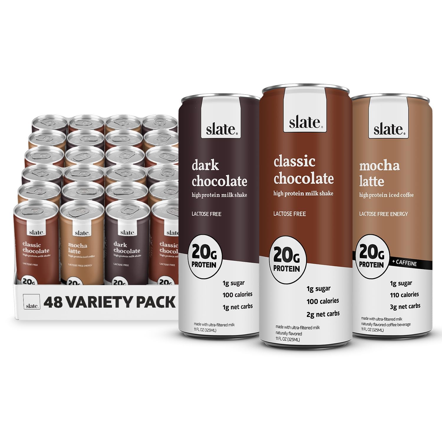 Slate Milk - High Protein Iced Coffee - Energy Variety Pack - Caramel Latte, Mocha Latte, Vanilla Latte - 175mg Caffeine, Lactose Free - 20g Protein, 1g Sugar - Protein Coffee - 11 fl oz, 12 Cans
