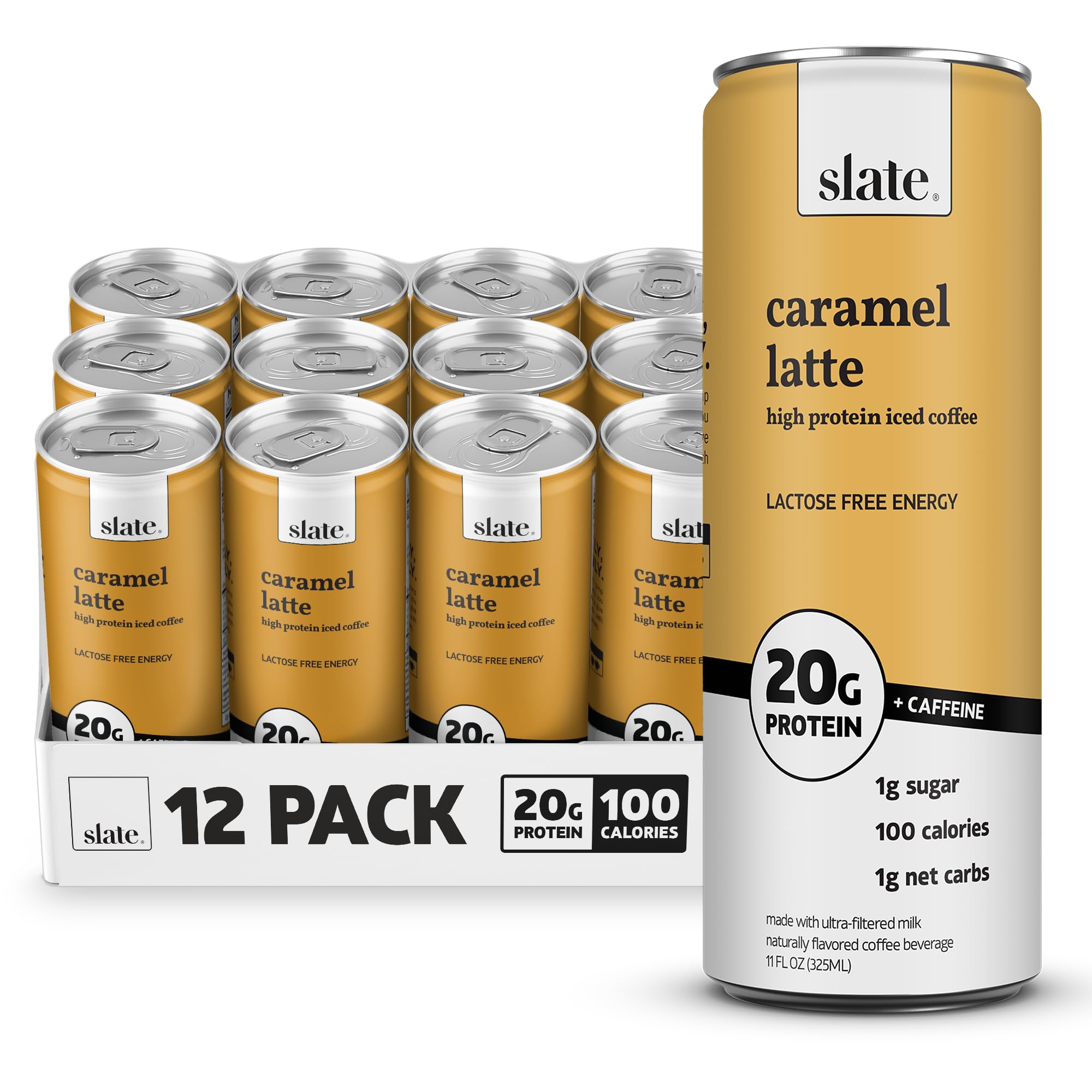 Slate Milk - High Protein Iced Coffee - Energy Variety Pack - Caramel Latte, Mocha Latte, Vanilla Latte - 175mg Caffeine, Lactose Free - 20g Protein, 1g Sugar - Protein Coffee - 11 fl oz, 12 Cans