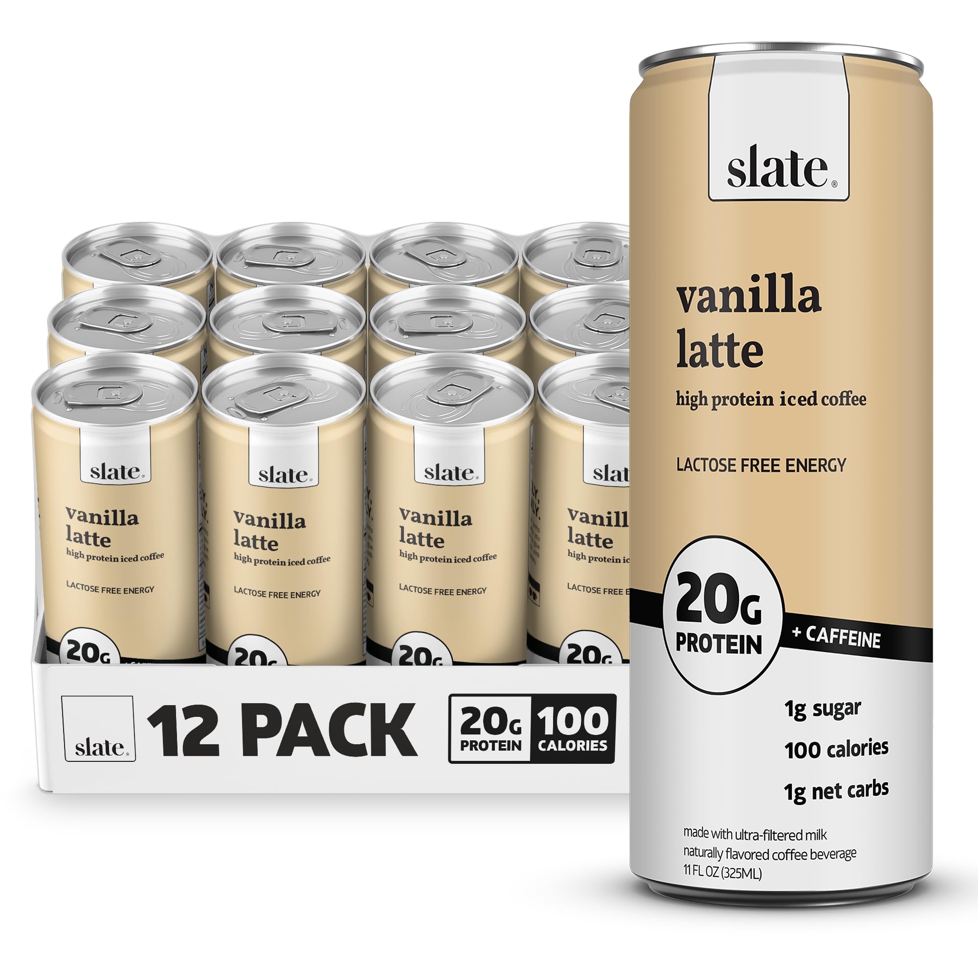 Slate Milk - High Protein Iced Coffee - Energy Variety Pack - Caramel Latte, Mocha Latte, Vanilla Latte - 175mg Caffeine, Lactose Free - 20g Protein, 1g Sugar - Protein Coffee - 11 fl oz, 12 Cans