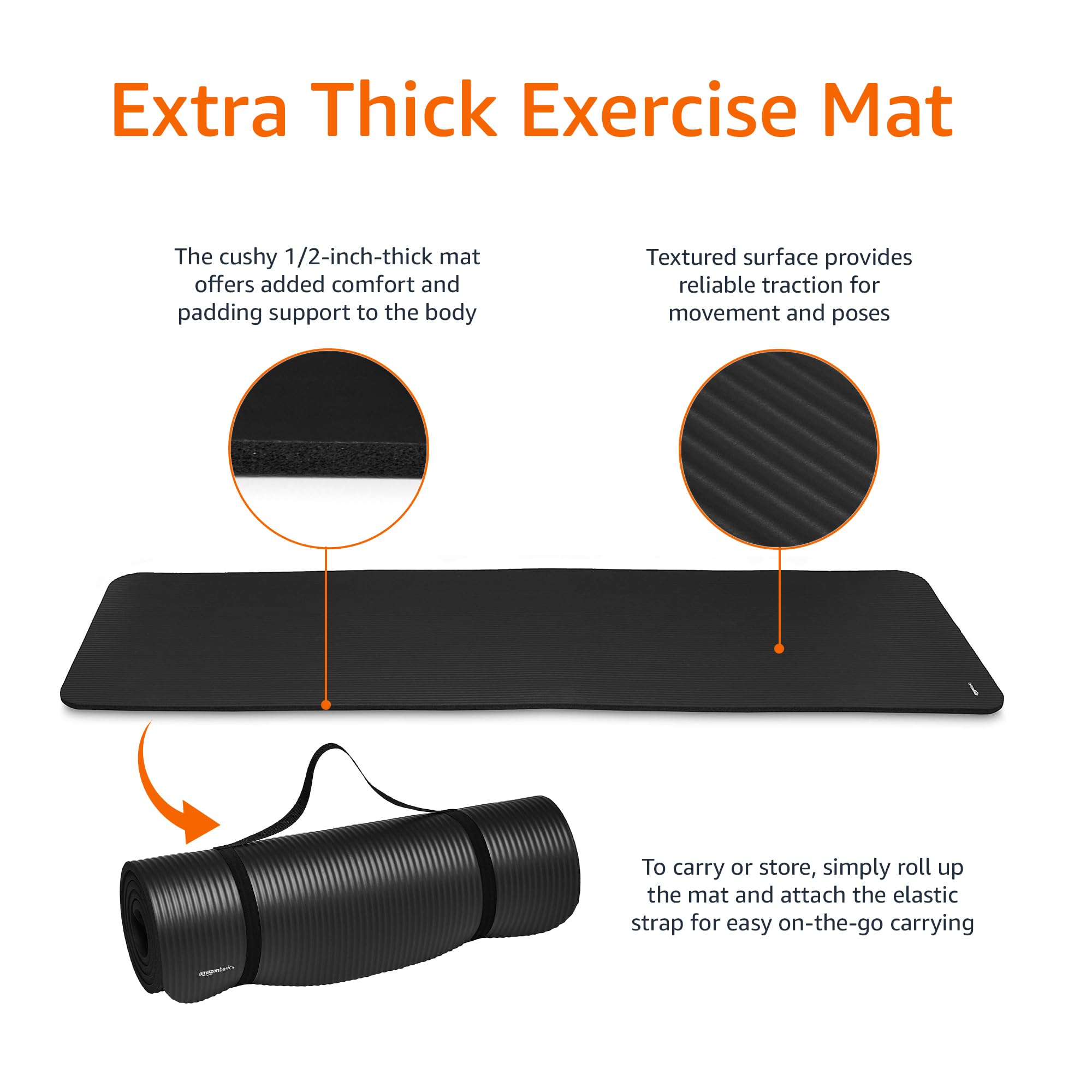 Amazon Basics 1/2 Inch Extra Thick Exercise Yoga Mat with Carrying Strap, Cushioned Support, for Fitness and Gym Workouts