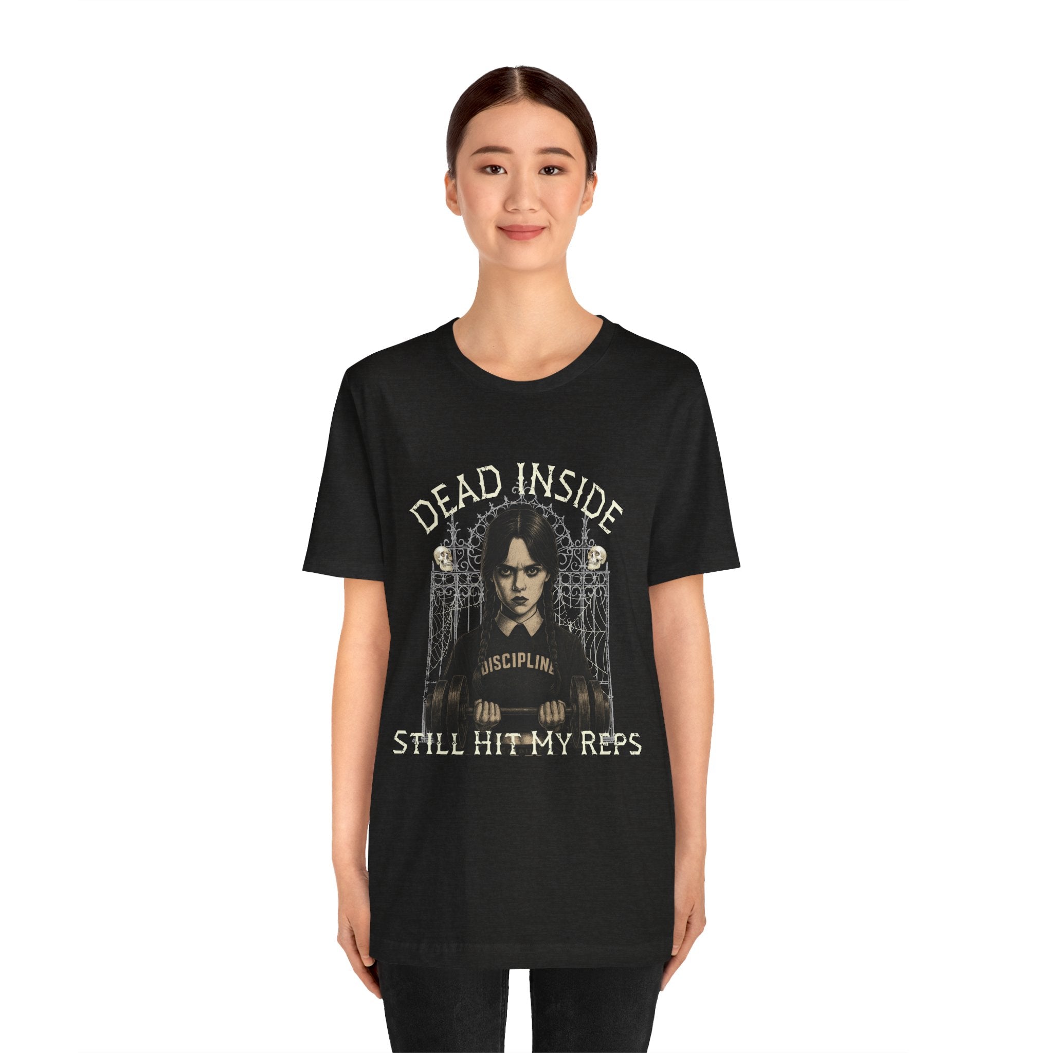 Dead Inside Still Hit My Reps Shirt β Wednesday Addams Gothic Gym Workout Tee β Dark Humor Fitness Halloween Top