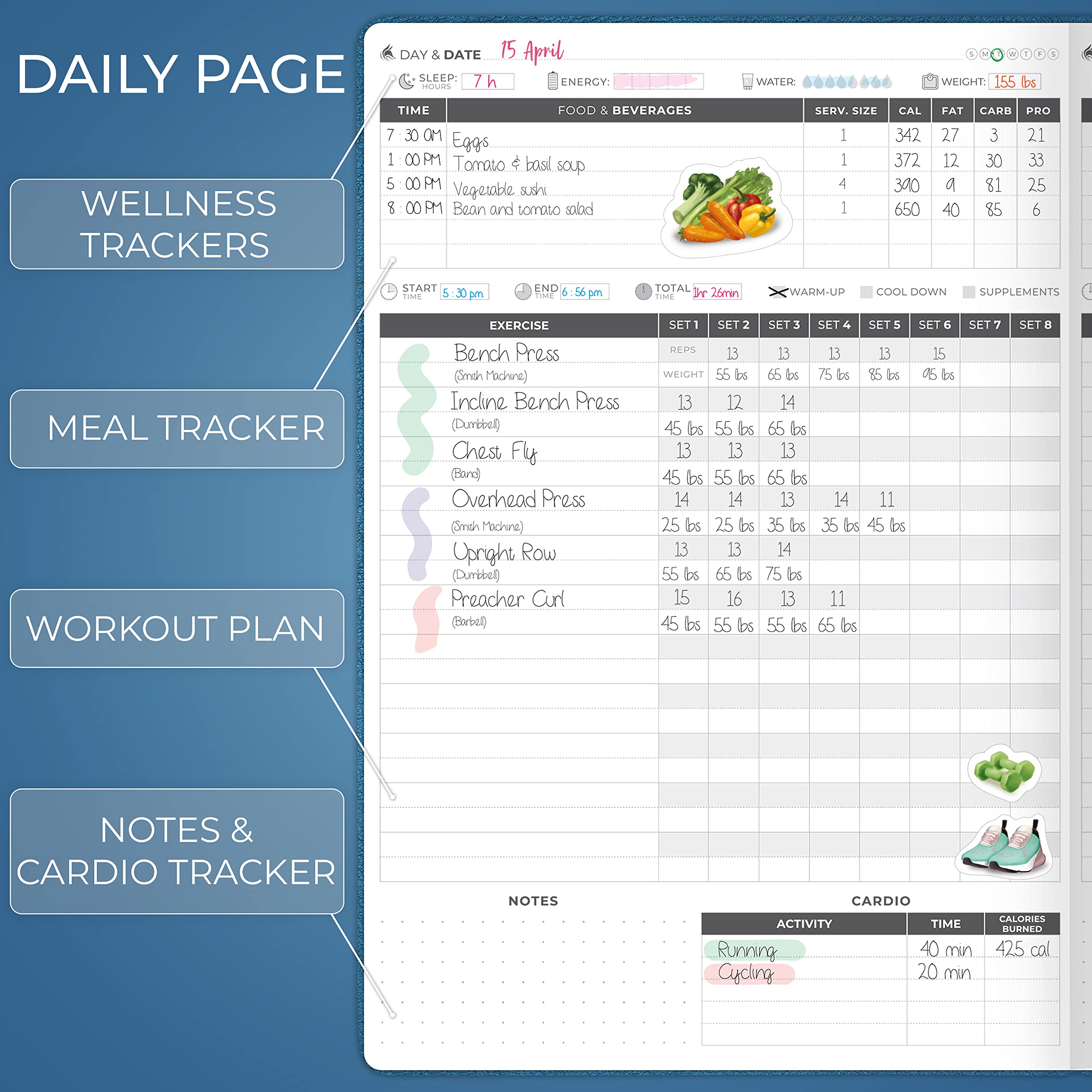 Clever Fox Fitness Journal PRO – Daily Workout Planner with Meal Planner & Habit Tracker – Gym Exercise Log Book for Women & Men – Fitness Planner Notebook – Lasts 6 Months, 7x10” - Black