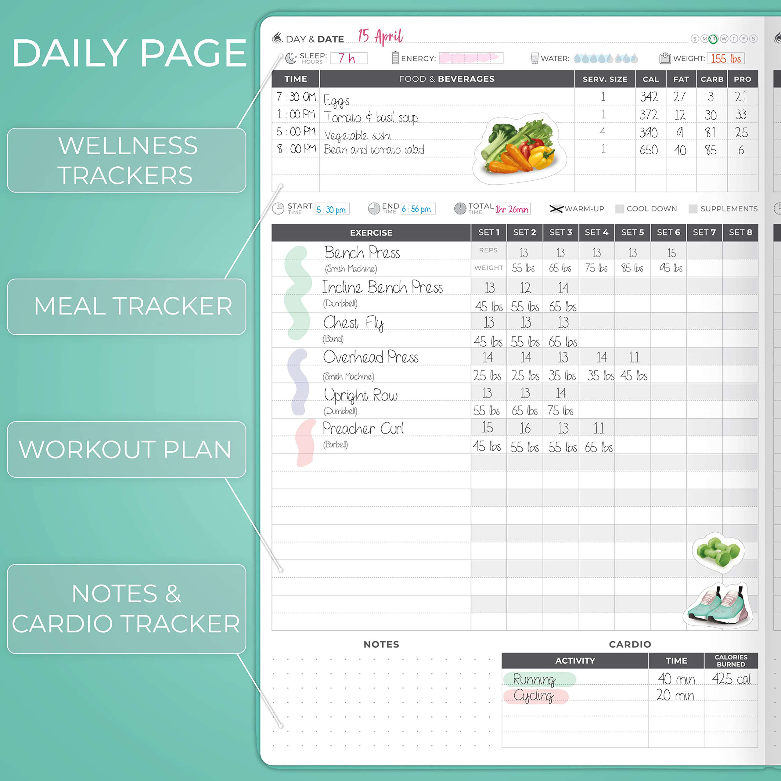 Clever Fox Fitness Journal PRO – Daily Workout Planner with Meal Planner & Habit Tracker – Gym Exercise Log Book for Women & Men – Fitness Planner Notebook – Lasts 6 Months, 7x10” - Black