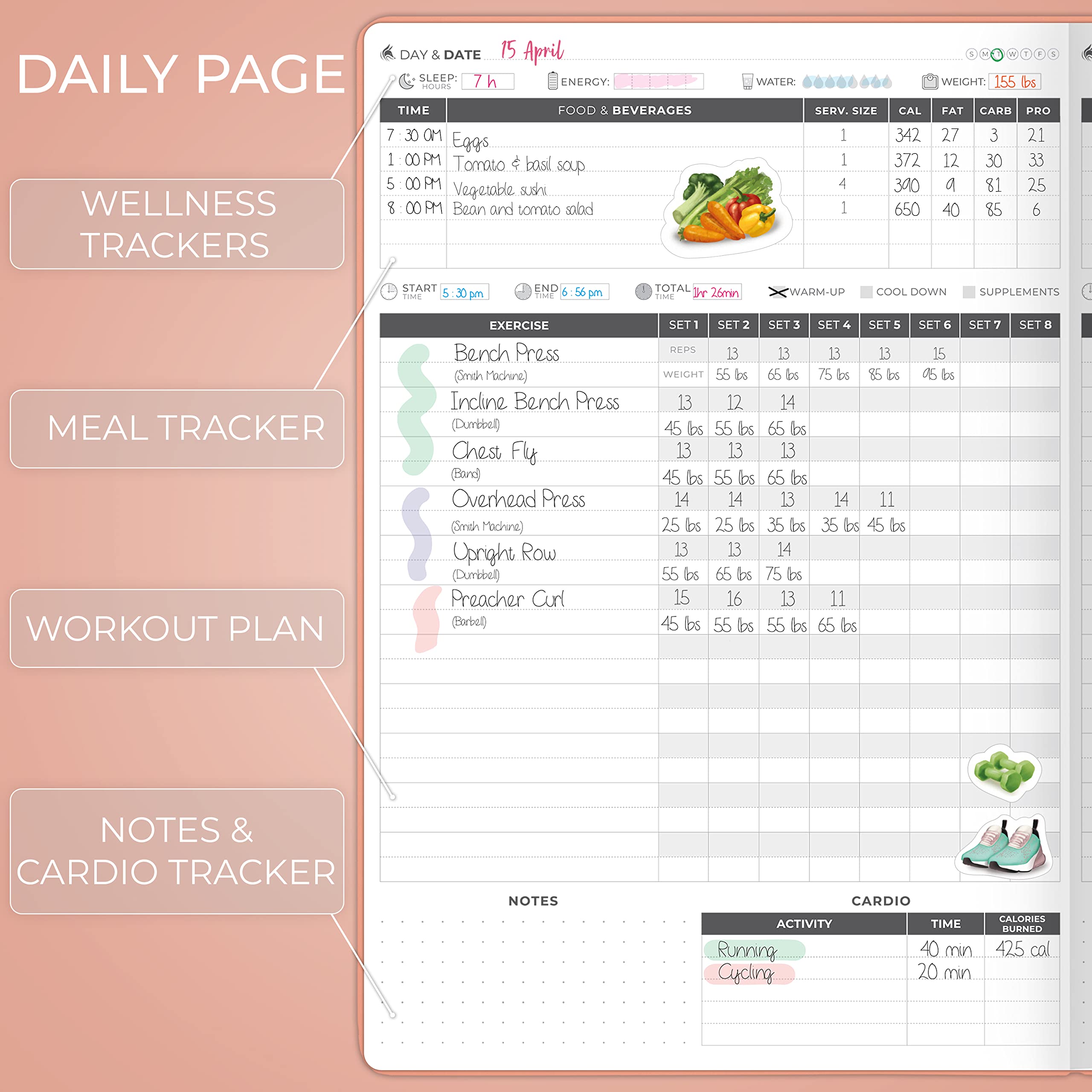 Clever Fox Fitness Journal PRO – Daily Workout Planner with Meal Planner & Habit Tracker – Gym Exercise Log Book for Women & Men – Fitness Planner Notebook – Lasts 6 Months, 7x10” - Black