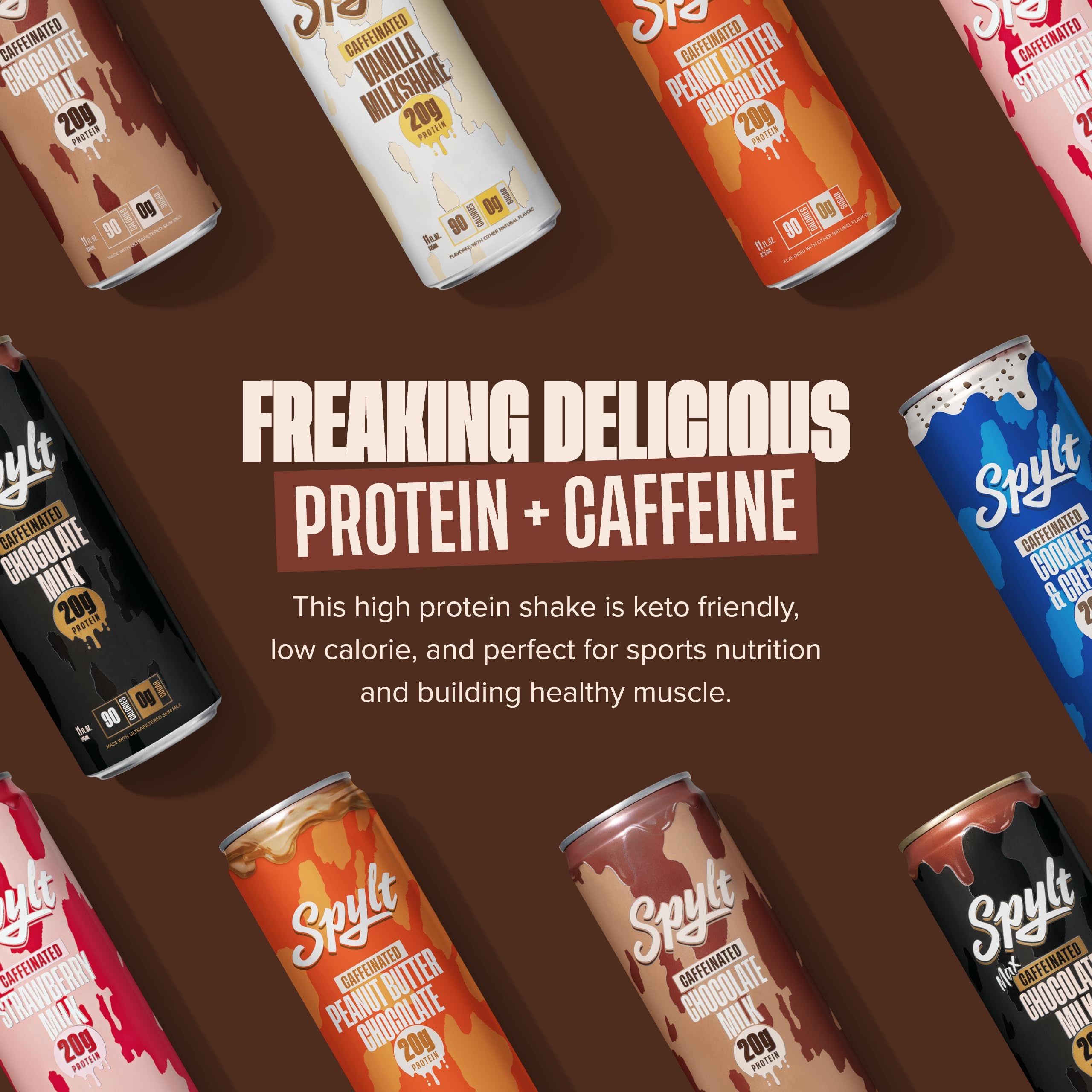 High Protein Milk - 6 Flavor Variety Pack with 60mg Caffeine & 20g Protein - 90 Calories, Ready to Drink, Sugar Free, Lactose Free Milk, Perfect for Workout Recovery & Afternoon Pick Me Up - 12 Count