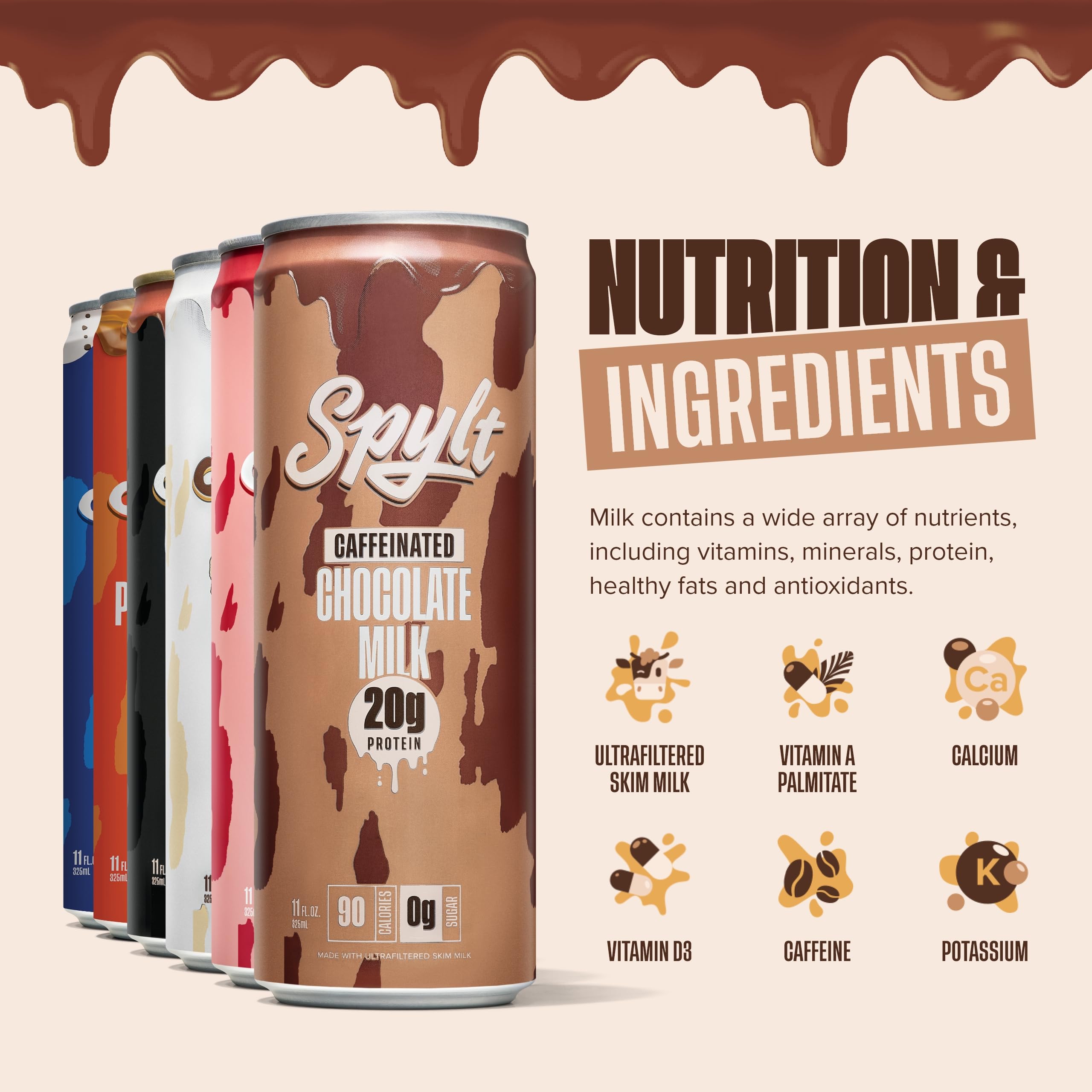 High Protein Milk - 6 Flavor Variety Pack with 60mg Caffeine & 20g Protein - 90 Calories, Ready to Drink, Sugar Free, Lactose Free Milk, Perfect for Workout Recovery & Afternoon Pick Me Up - 12 Count