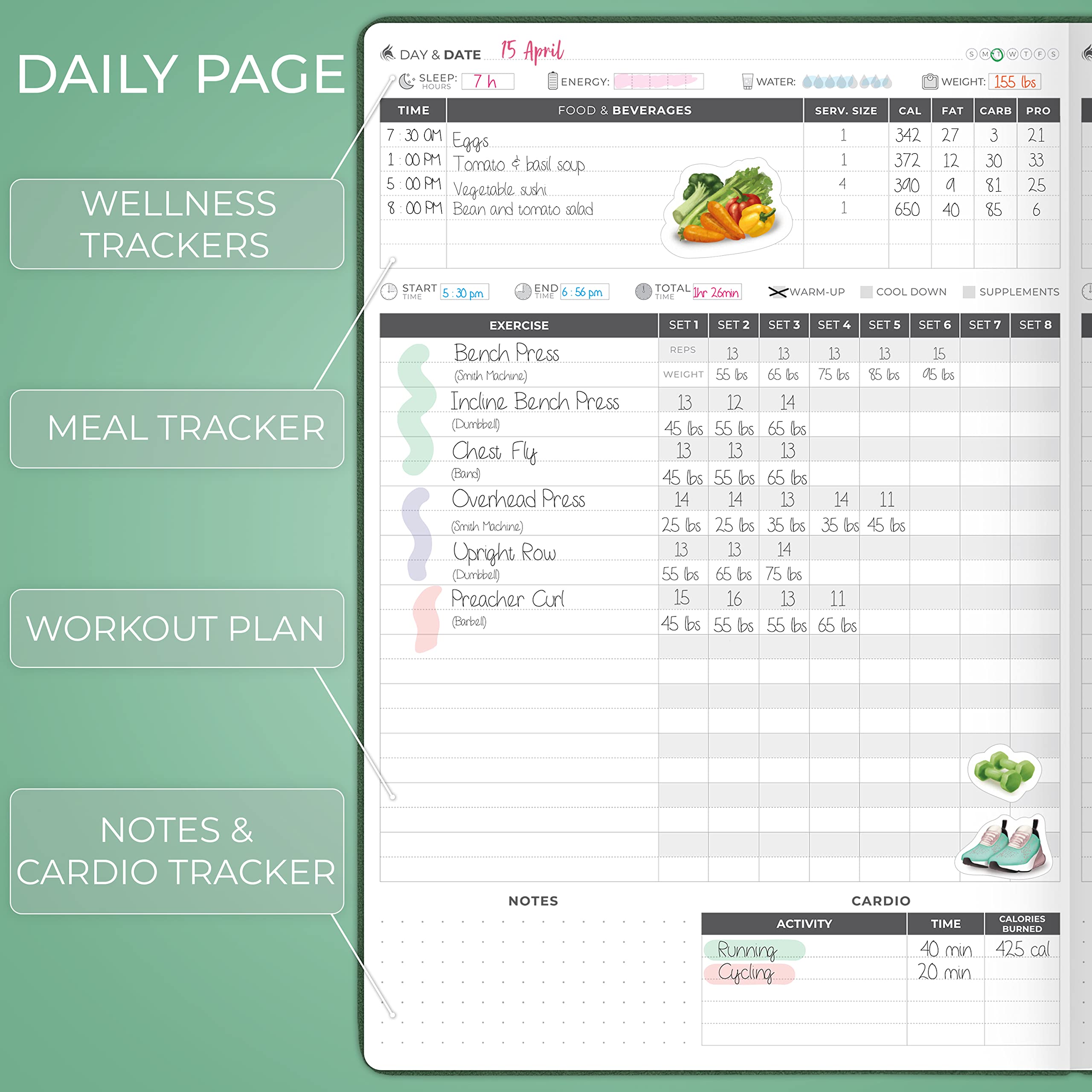 Clever Fox Fitness Journal PRO – Daily Workout Planner with Meal Planner & Habit Tracker – Gym Exercise Log Book for Women & Men – Fitness Planner Notebook – Lasts 6 Months, 7x10” - Black