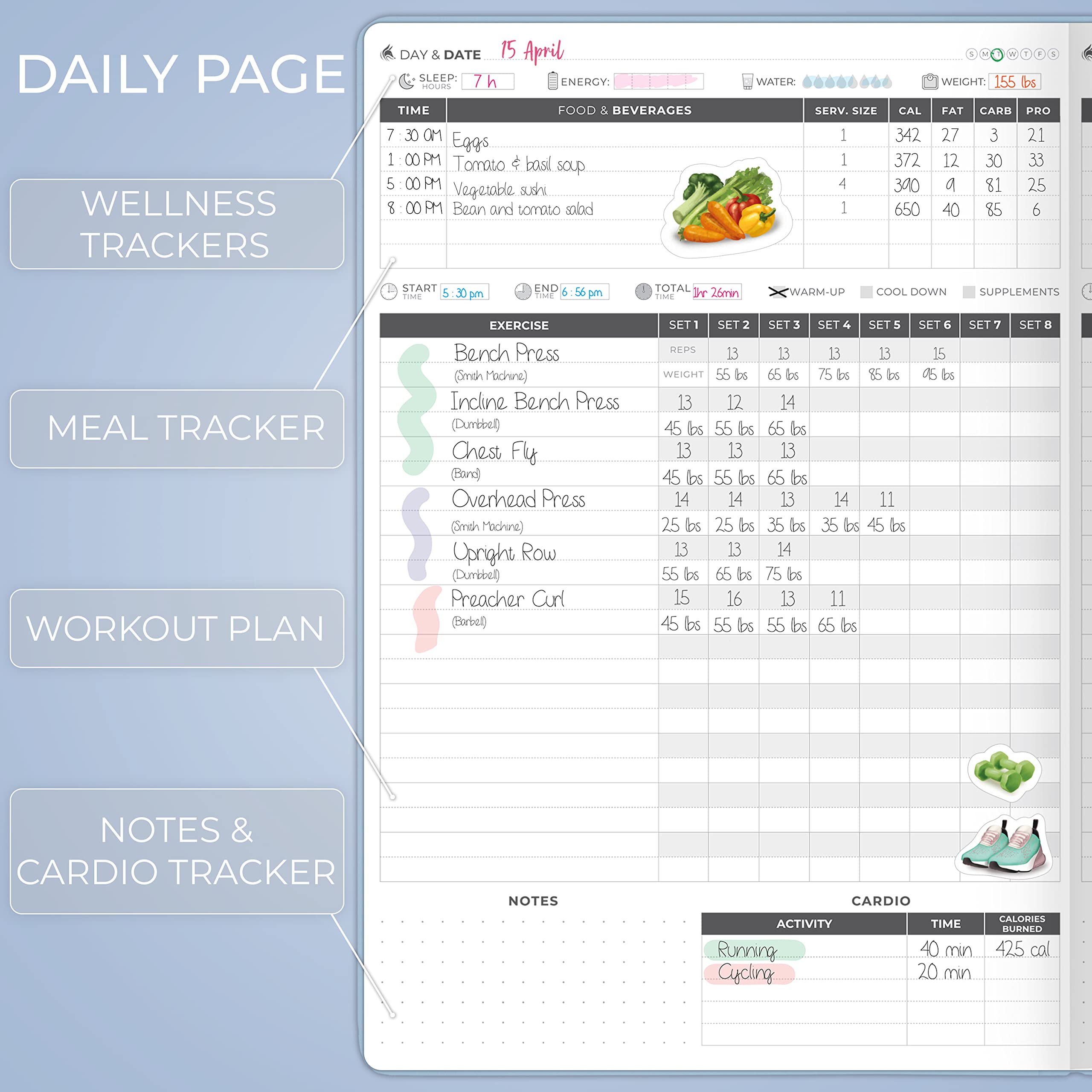 Clever Fox Fitness Journal PRO – Daily Workout Planner with Meal Planner & Habit Tracker – Gym Exercise Log Book for Women & Men – Fitness Planner Notebook – Lasts 6 Months, 7x10” - Black