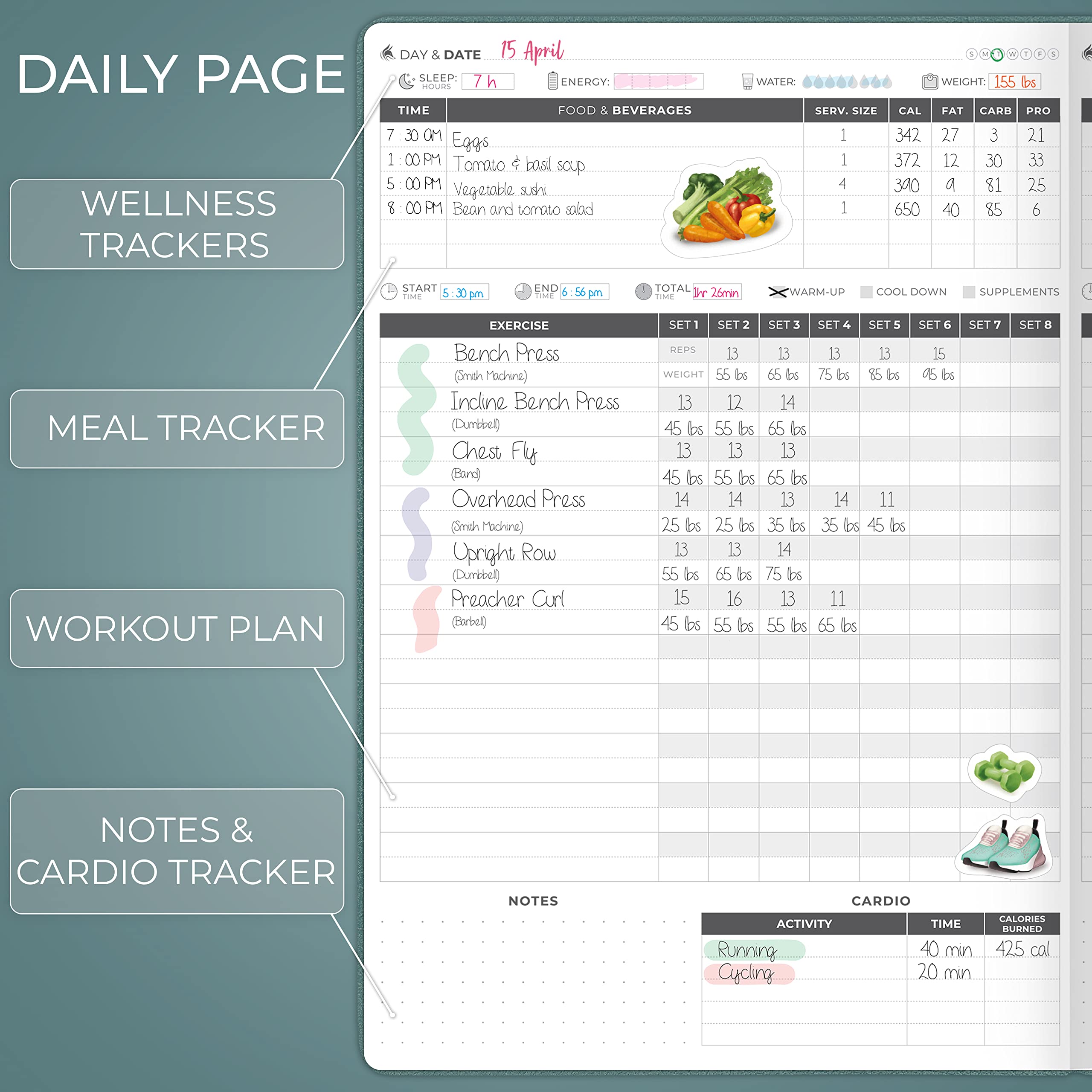 Clever Fox Fitness Journal PRO – Daily Workout Planner with Meal Planner & Habit Tracker – Gym Exercise Log Book for Women & Men – Fitness Planner Notebook – Lasts 6 Months, 7x10” - Black