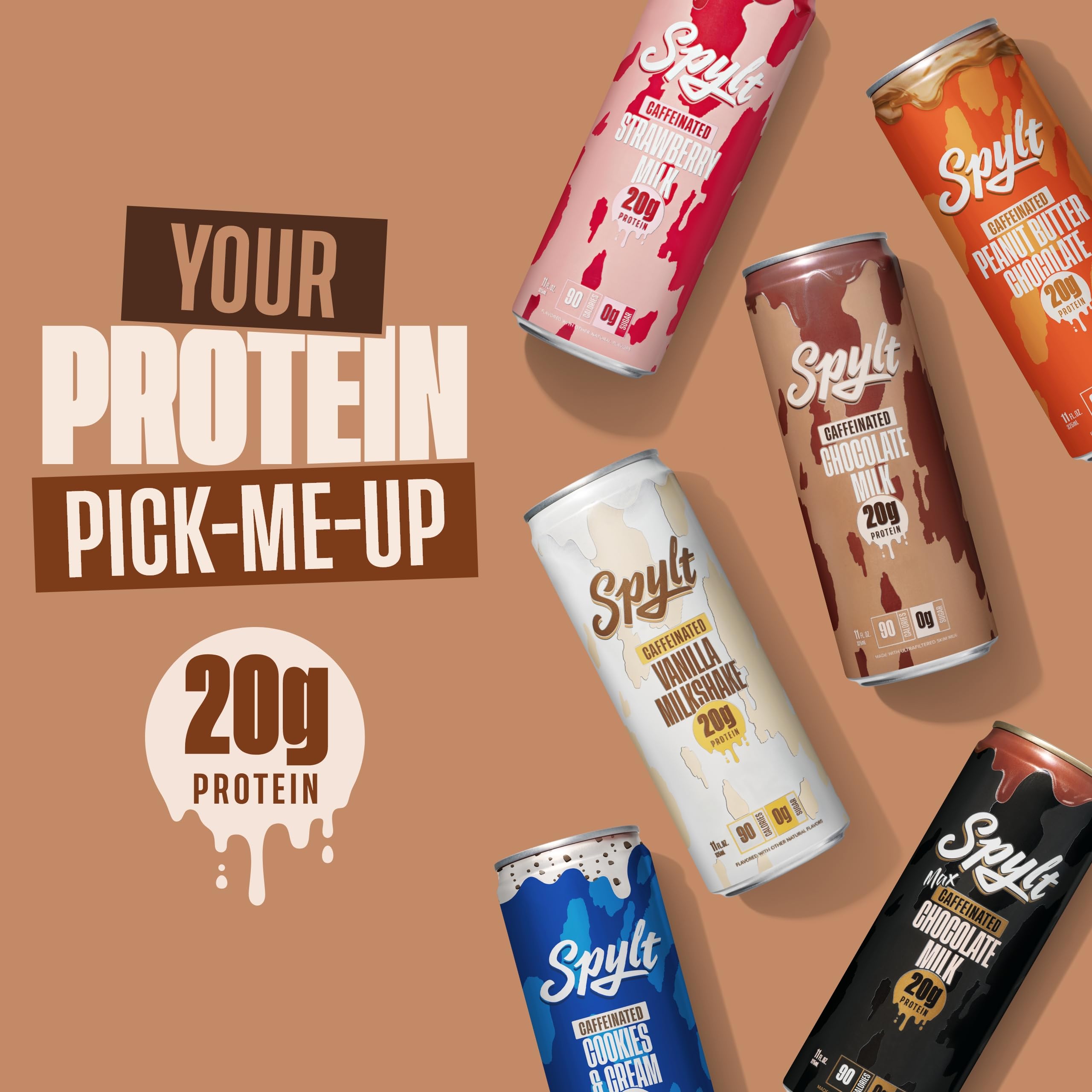 High Protein Milk - 6 Flavor Variety Pack with 60mg Caffeine & 20g Protein - 90 Calories, Ready to Drink, Sugar Free, Lactose Free Milk, Perfect for Workout Recovery & Afternoon Pick Me Up - 12 Count