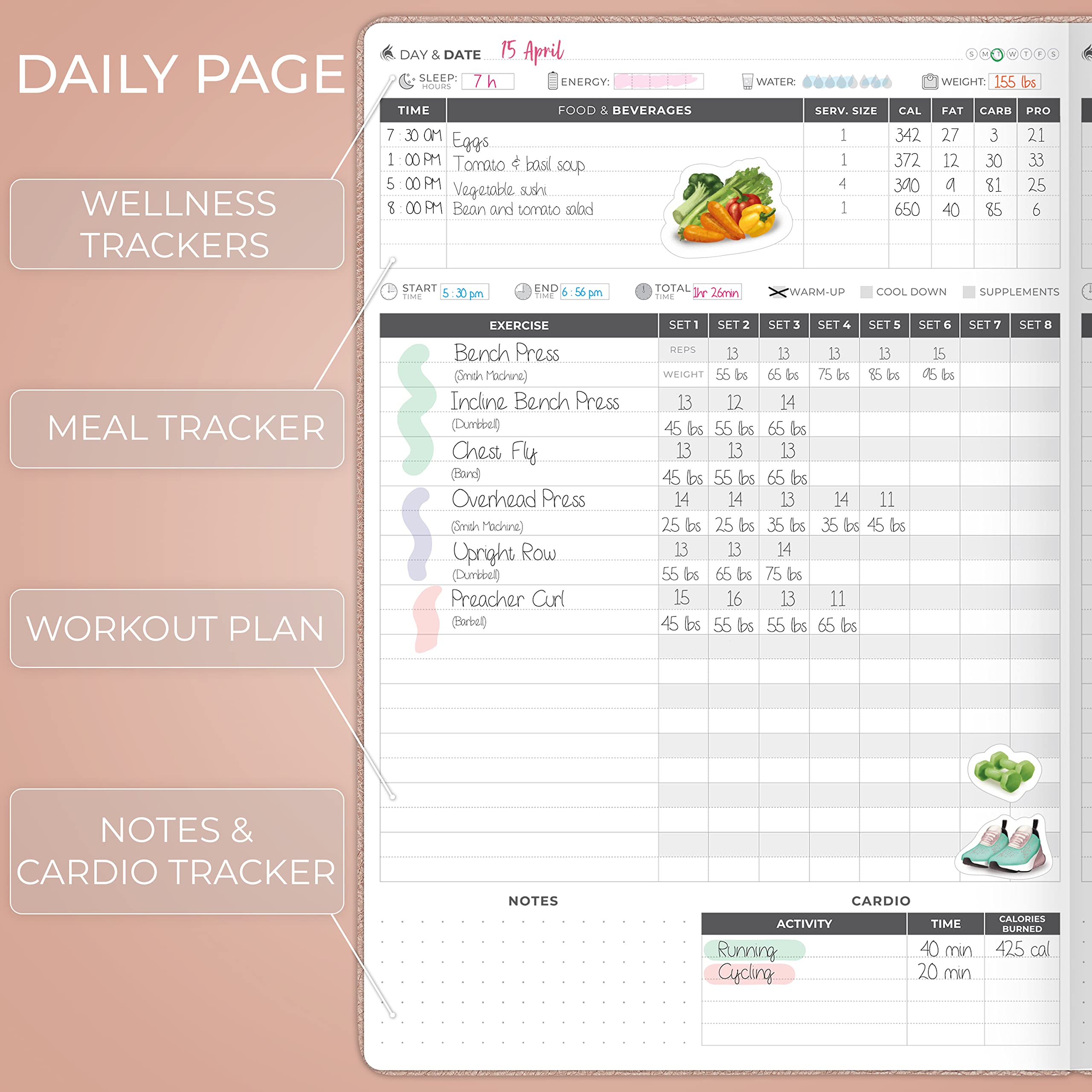 Clever Fox Fitness Journal PRO – Daily Workout Planner with Meal Planner & Habit Tracker – Gym Exercise Log Book for Women & Men – Fitness Planner Notebook – Lasts 6 Months, 7x10” - Black