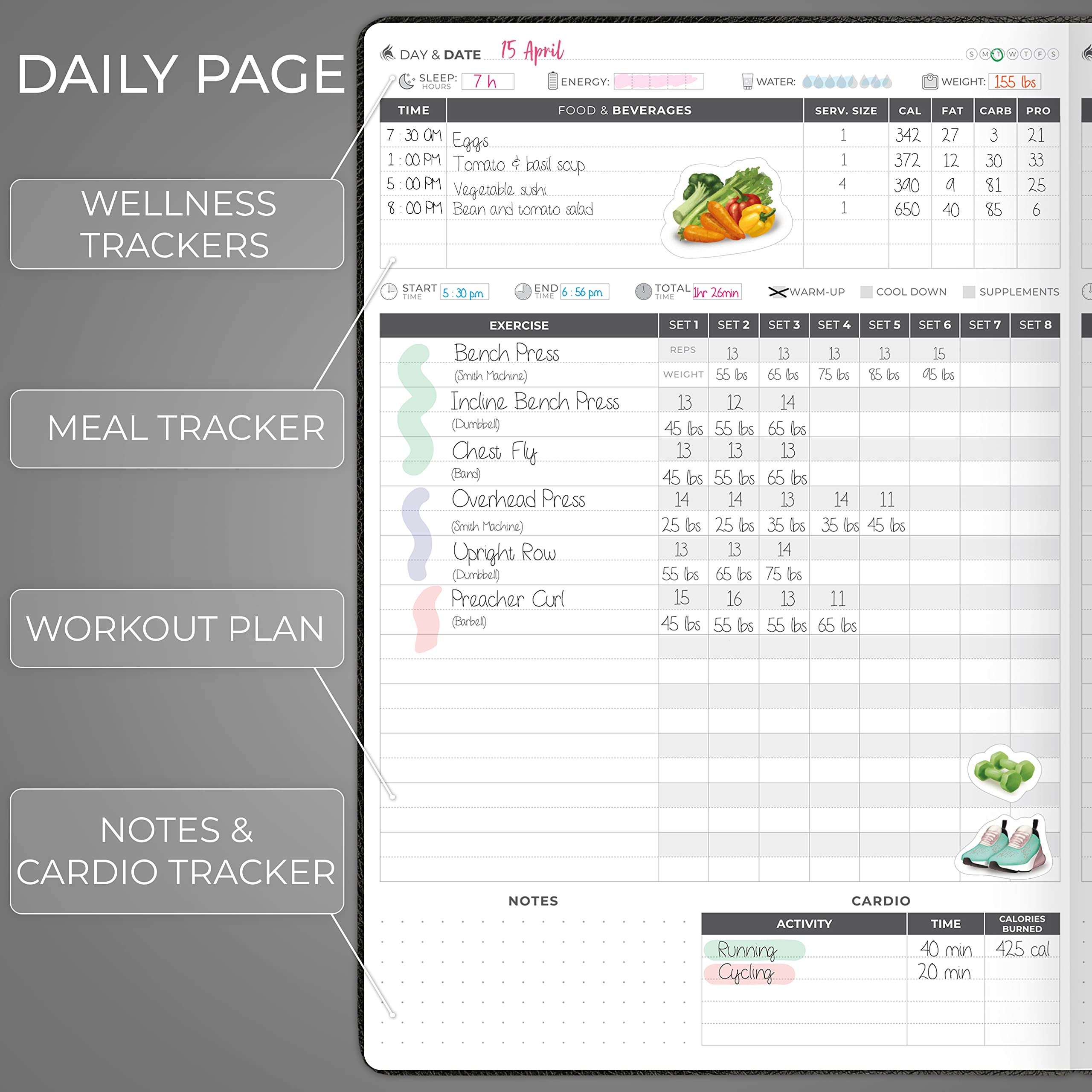 Clever Fox Fitness Journal PRO – Daily Workout Planner with Meal Planner & Habit Tracker – Gym Exercise Log Book for Women & Men – Fitness Planner Notebook – Lasts 6 Months, 7x10” - Black