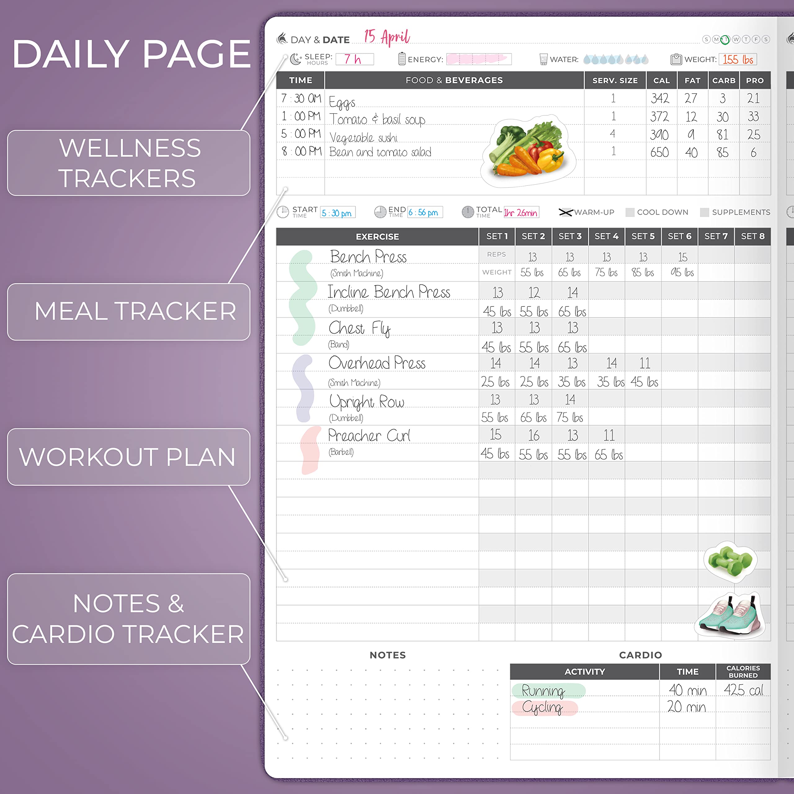 Clever Fox Fitness Journal PRO – Daily Workout Planner with Meal Planner & Habit Tracker – Gym Exercise Log Book for Women & Men – Fitness Planner Notebook – Lasts 6 Months, 7x10” - Black