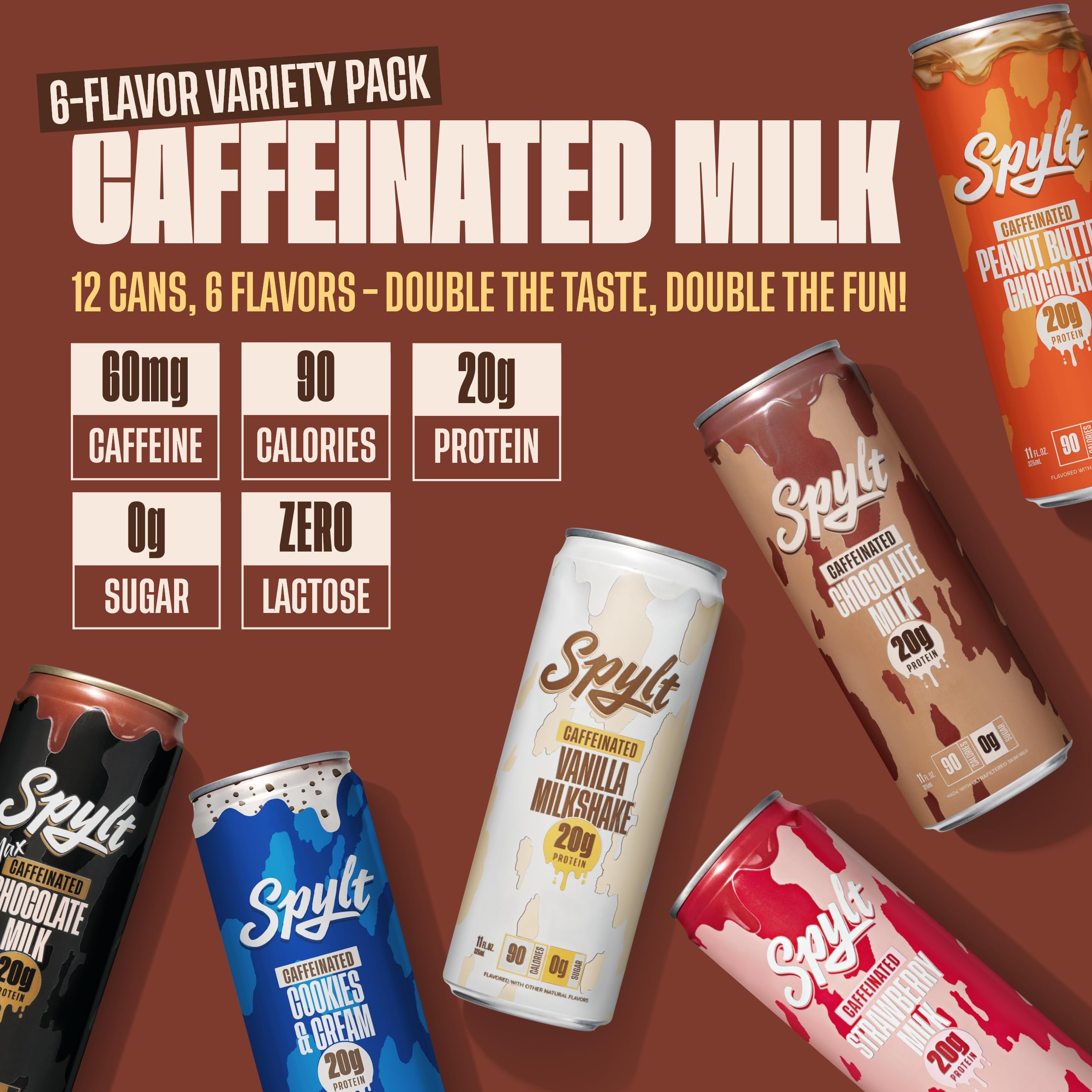 High Protein Milk - 6 Flavor Variety Pack with 60mg Caffeine & 20g Protein - 90 Calories, Ready to Drink, Sugar Free, Lactose Free Milk, Perfect for Workout Recovery & Afternoon Pick Me Up - 12 Count