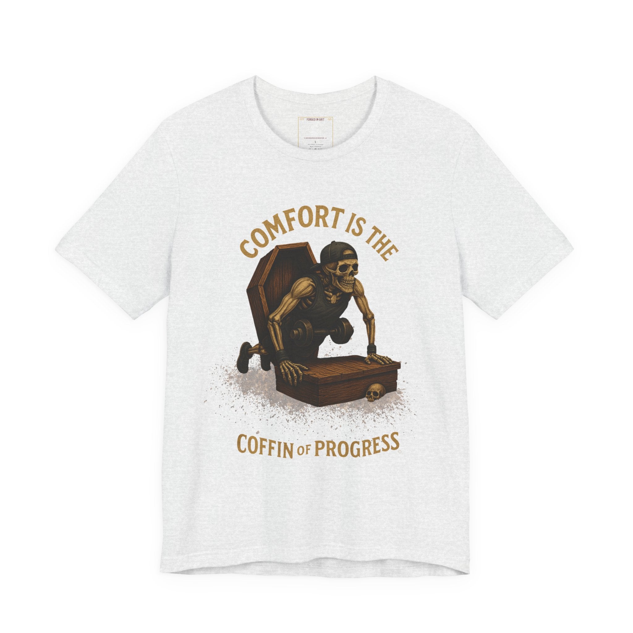 Hardcore Gym Halloween Shirt – “Comfort is the Coffin of Progress” | Skeleton Workout Tee for Discipline-Driven Lifters