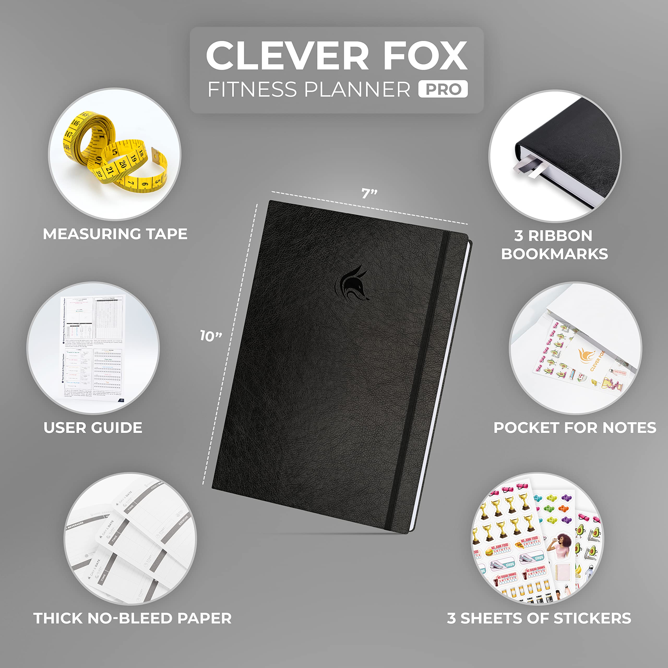 Clever Fox Fitness Journal PRO – Daily Workout Planner with Meal Planner & Habit Tracker – Gym Exercise Log Book for Women & Men – Fitness Planner Notebook – Lasts 6 Months, 7x10” - Black