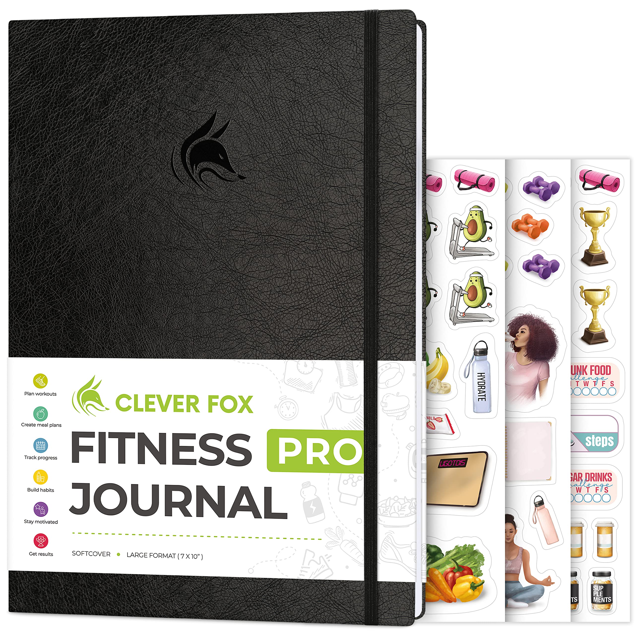 Clever Fox Fitness Journal PRO – Daily Workout Planner with Meal Planner & Habit Tracker – Gym Exercise Log Book for Women & Men – Fitness Planner Notebook – Lasts 6 Months, 7x10” - Black