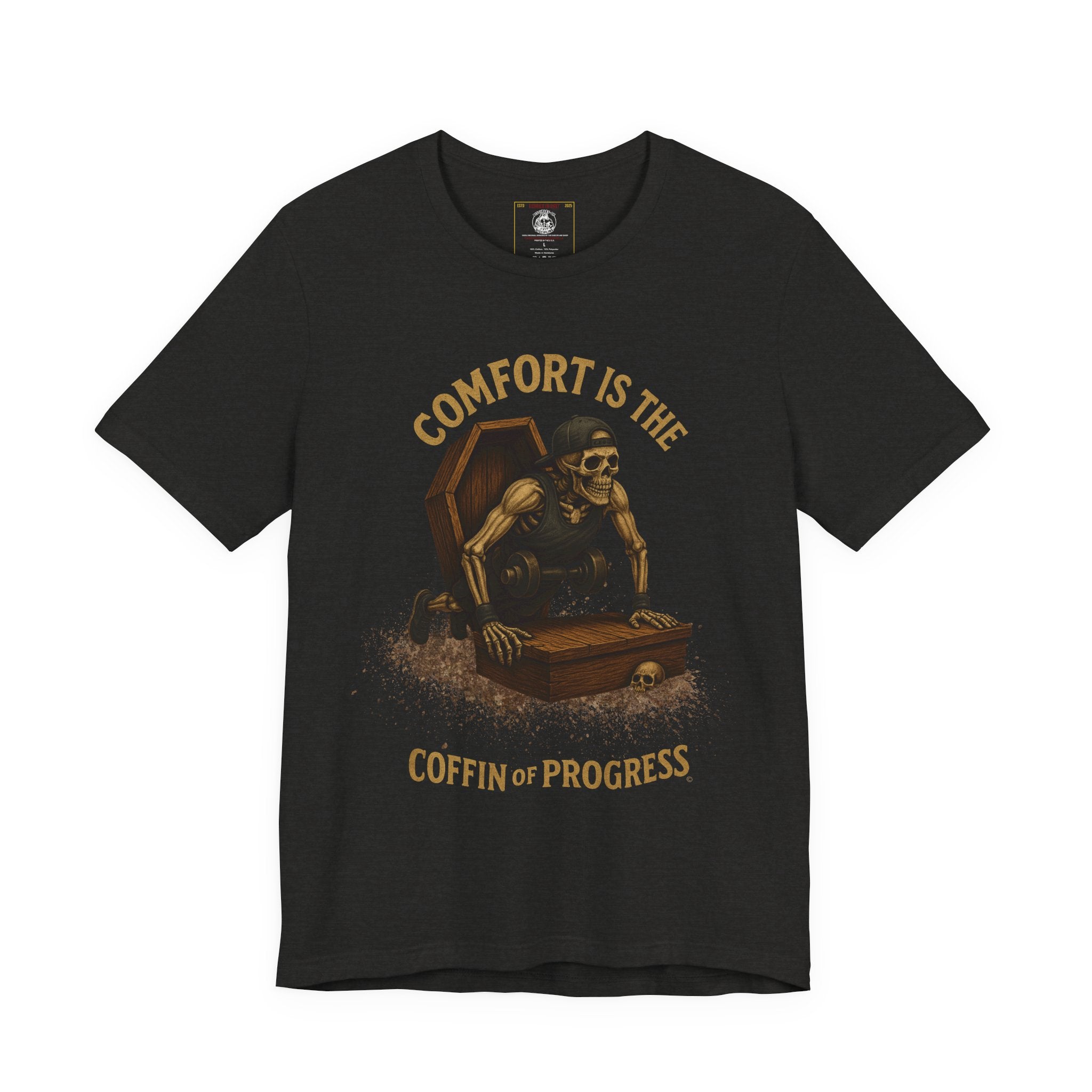 Hardcore Gym Halloween Shirt – “Comfort is the Coffin of Progress” | Skeleton Workout Tee for Discipline-Driven Lifters