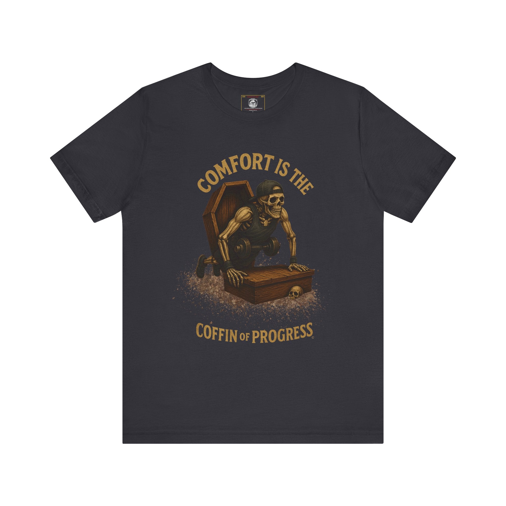 Hardcore Gym Halloween Shirt – “Comfort is the Coffin of Progress” | Skeleton Workout Tee for Discipline-Driven Lifters