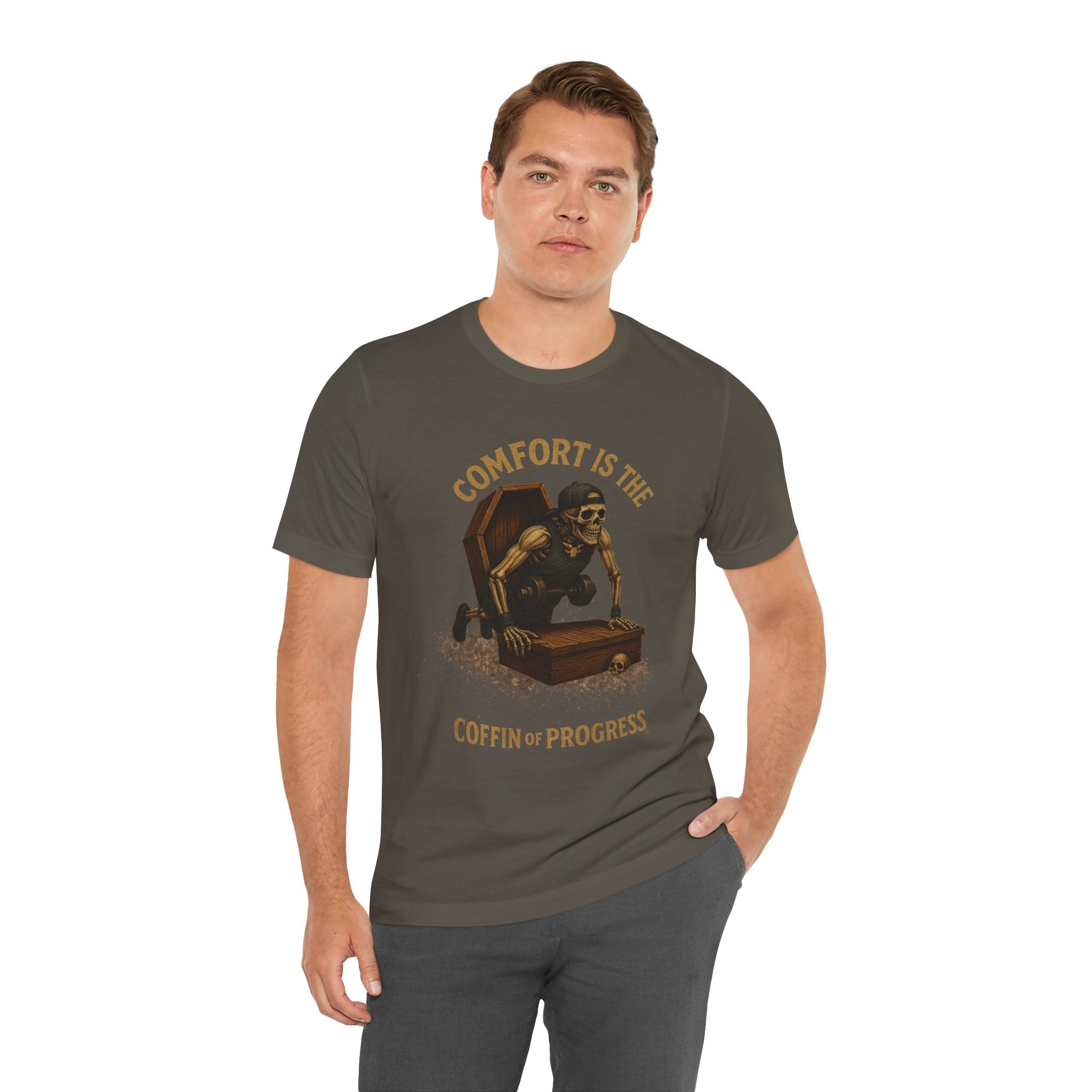 Hardcore Gym Halloween Shirt – “Comfort is the Coffin of Progress” | Skeleton Workout Tee for Discipline-Driven Lifters