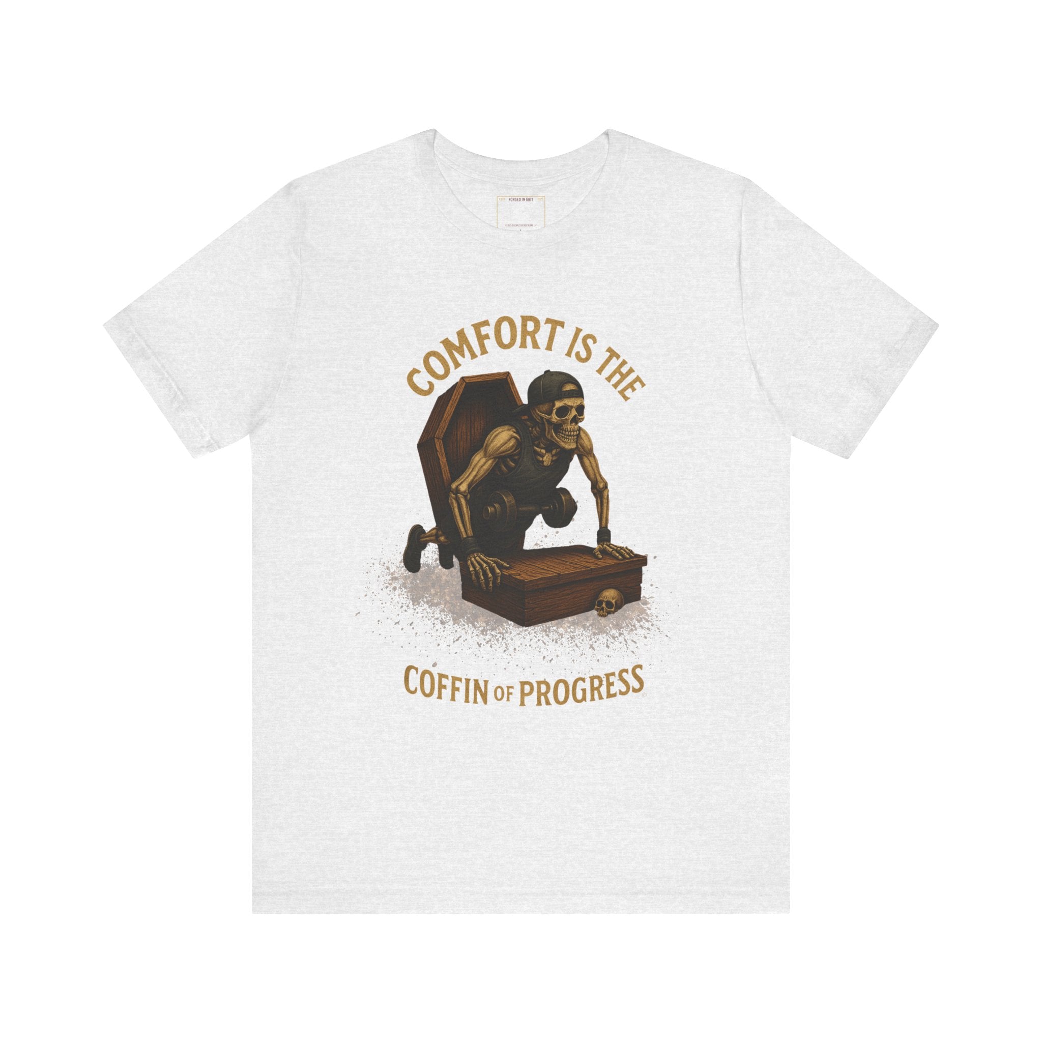 Hardcore Gym Halloween Shirt – “Comfort is the Coffin of Progress” | Skeleton Workout Tee for Discipline-Driven Lifters