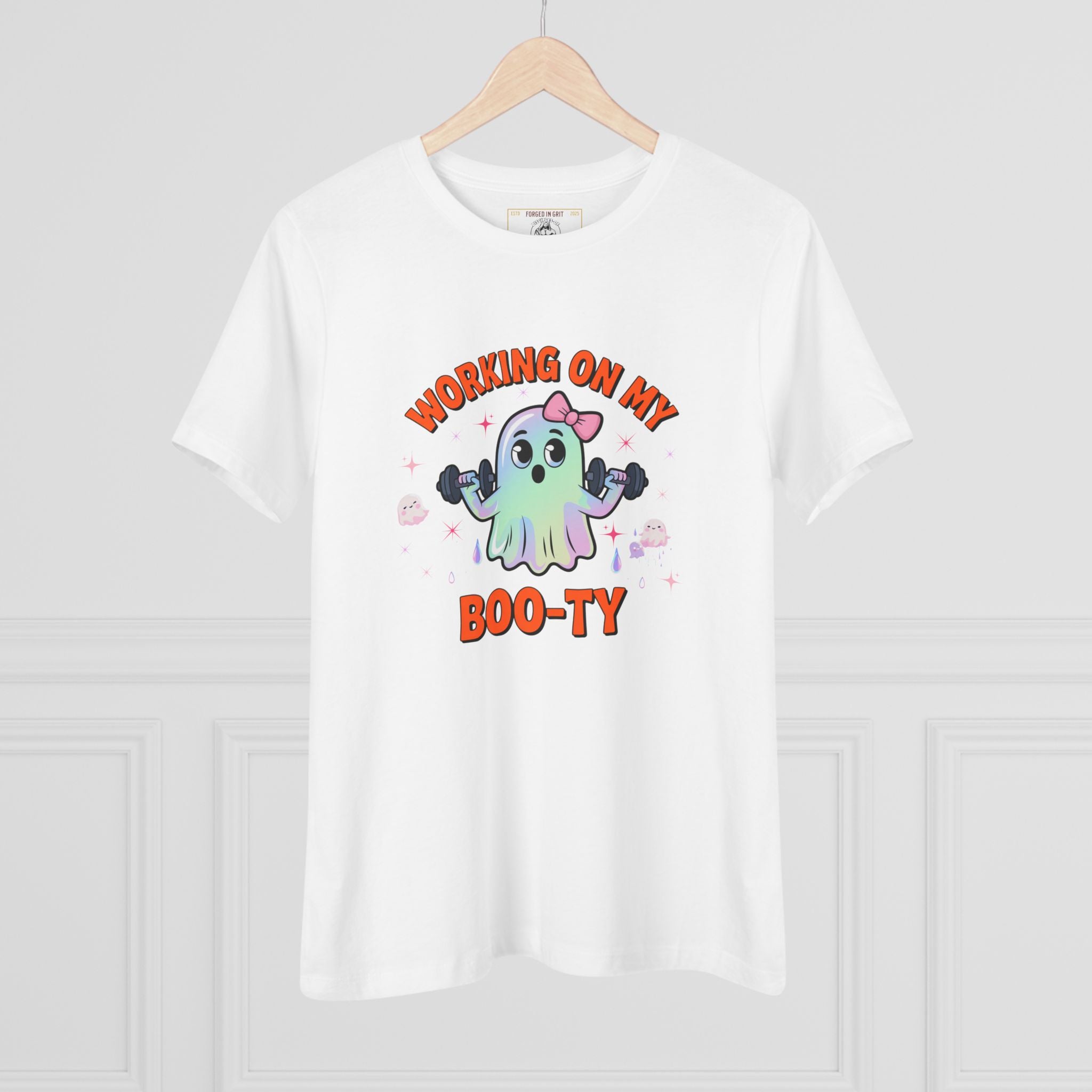 Working on My Boo-ty | Cute Halloween Ghost Workout Shirt - Funny Halloween T-Shirt, Women's Graphic Tee, Spooky Season Shirt, Gift for Her