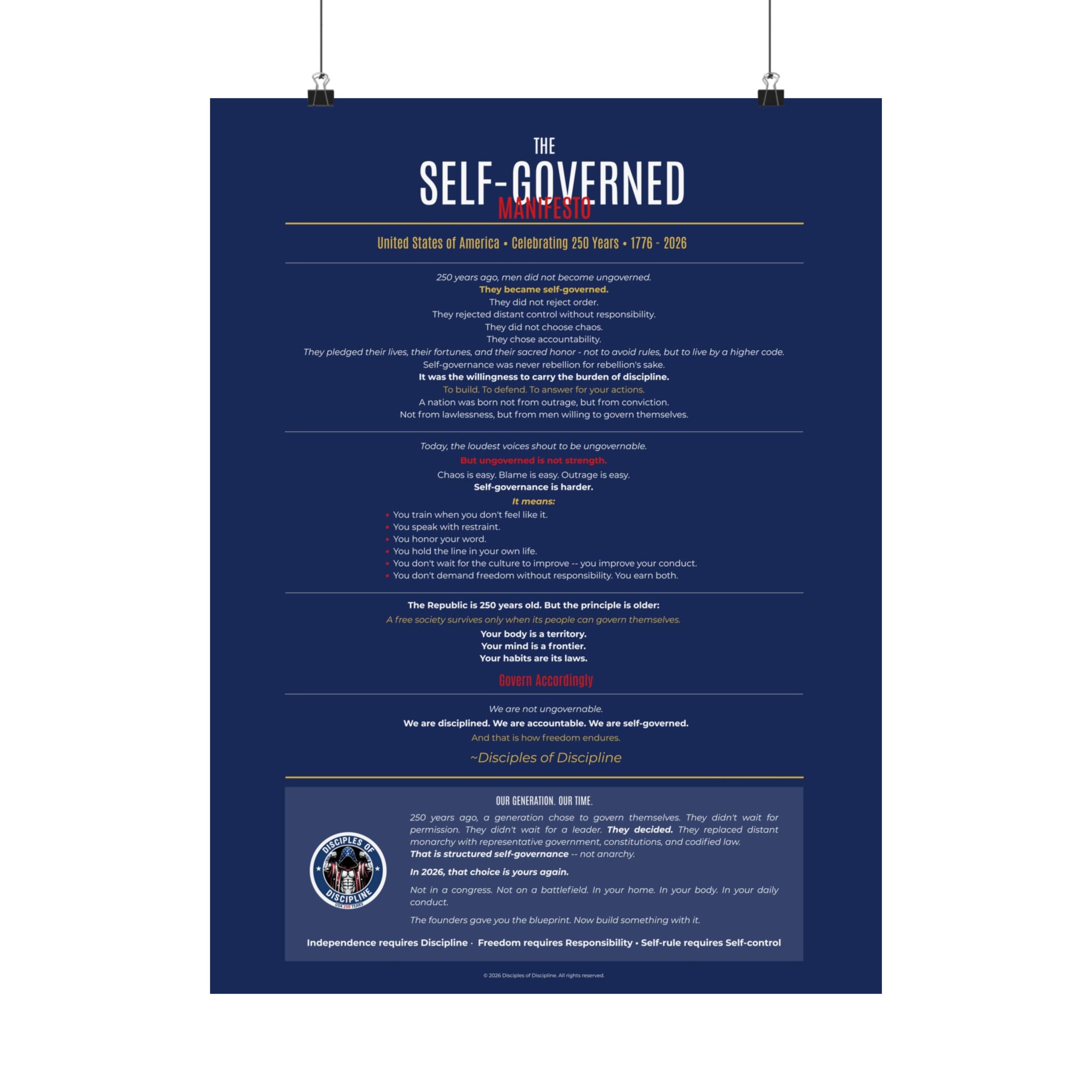 Self-Governed Manifesto Poster | USA 250th Anniversary Wall Art | Patriotic Discipline Print | Navy Gold Home Gym Office Decor 1776-2026