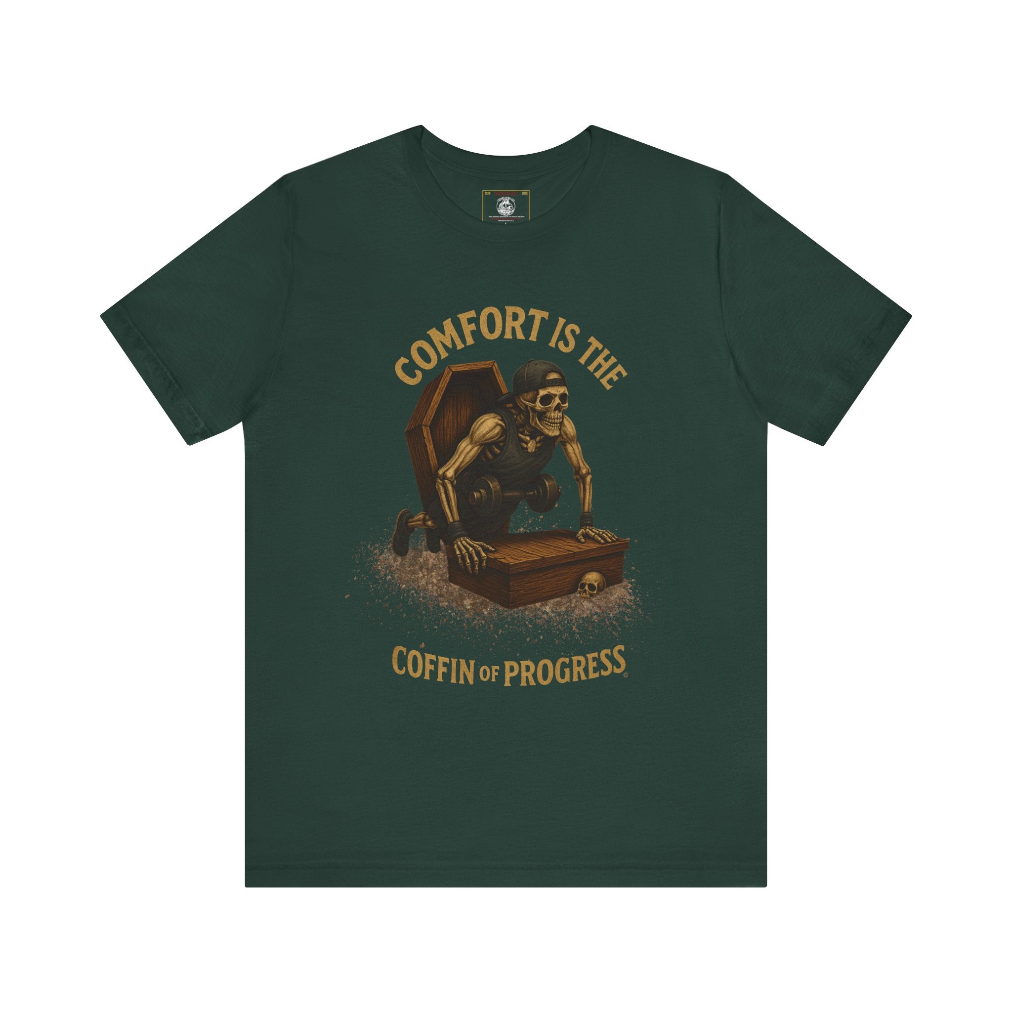 Hardcore Gym Halloween Shirt – “Comfort is the Coffin of Progress” | Skeleton Workout Tee for Discipline-Driven Lifters