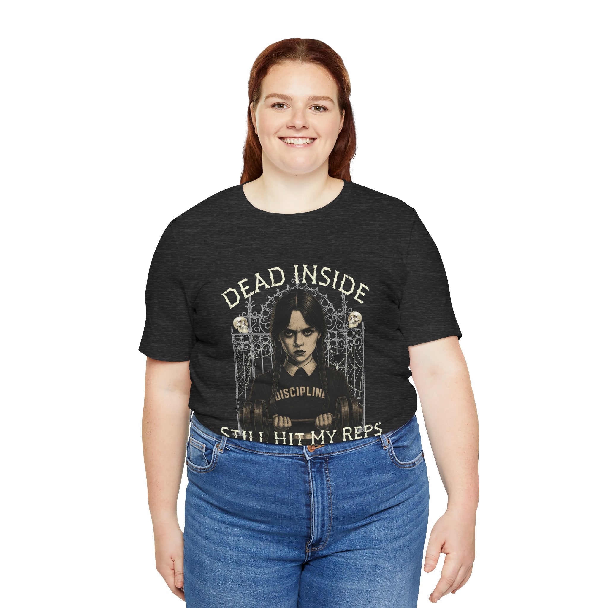 Dead Inside Still Hit My Reps Shirt – Wednesday Addams Gothic Gym Workout Tee – Dark Humor Fitness Halloween Top