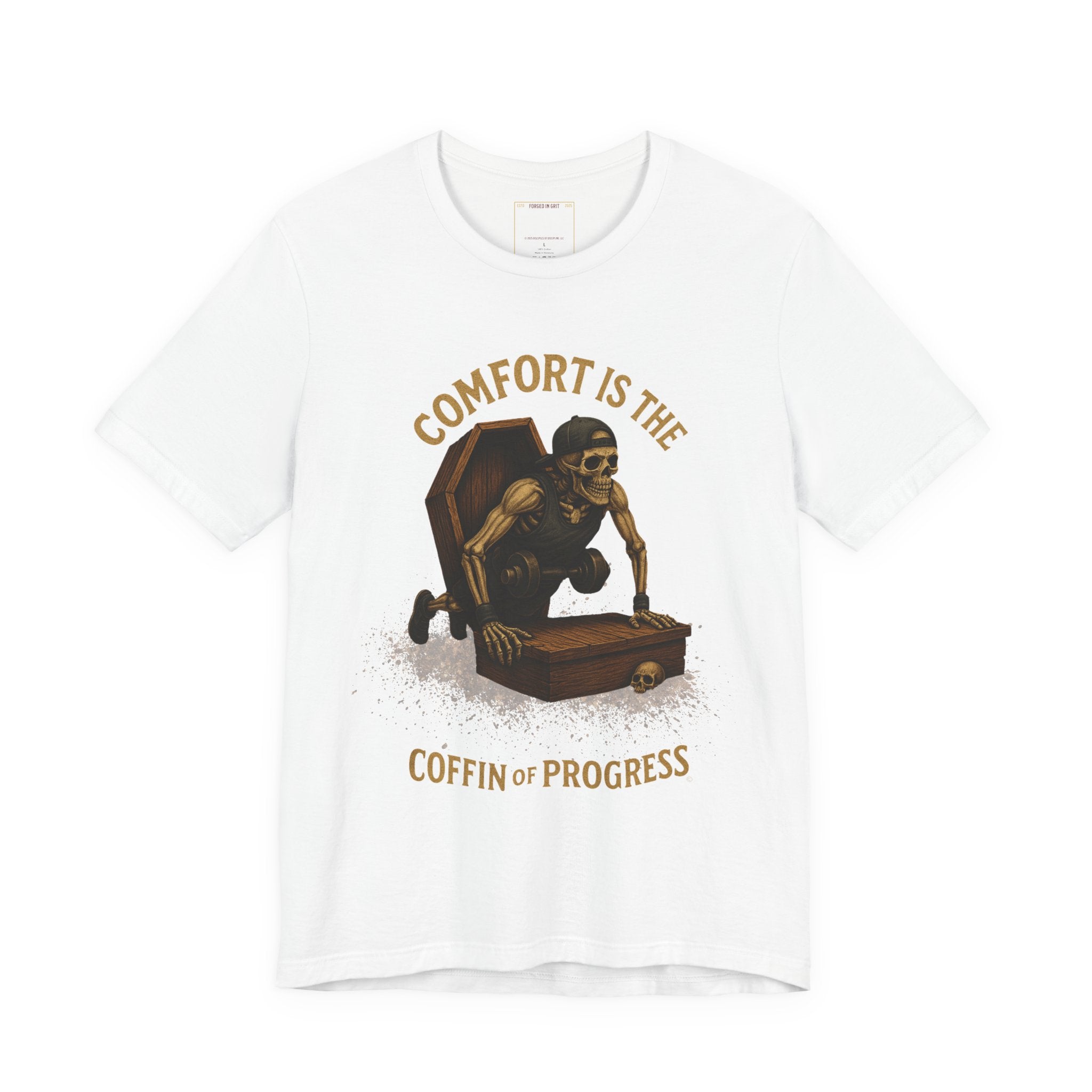 Hardcore Gym Halloween Shirt – “Comfort is the Coffin of Progress” | Skeleton Workout Tee for Discipline-Driven Lifters