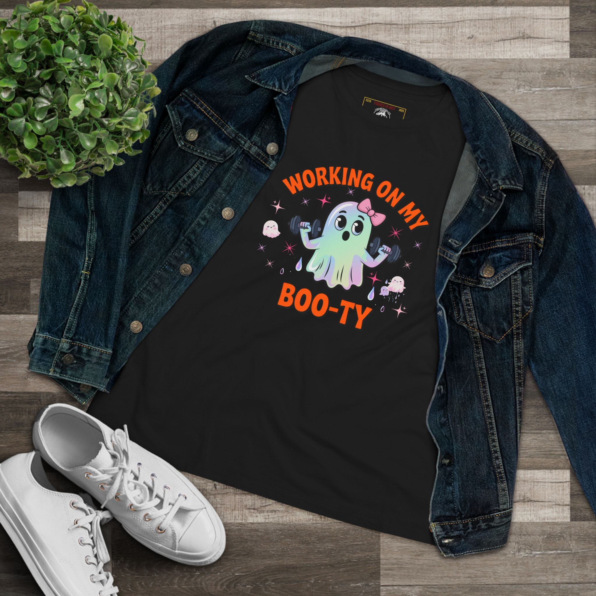 Working on My Boo-ty | Cute Halloween Ghost Workout Shirt - Funny Halloween T-Shirt, Women's Graphic Tee, Spooky Season Shirt, Gift for Her