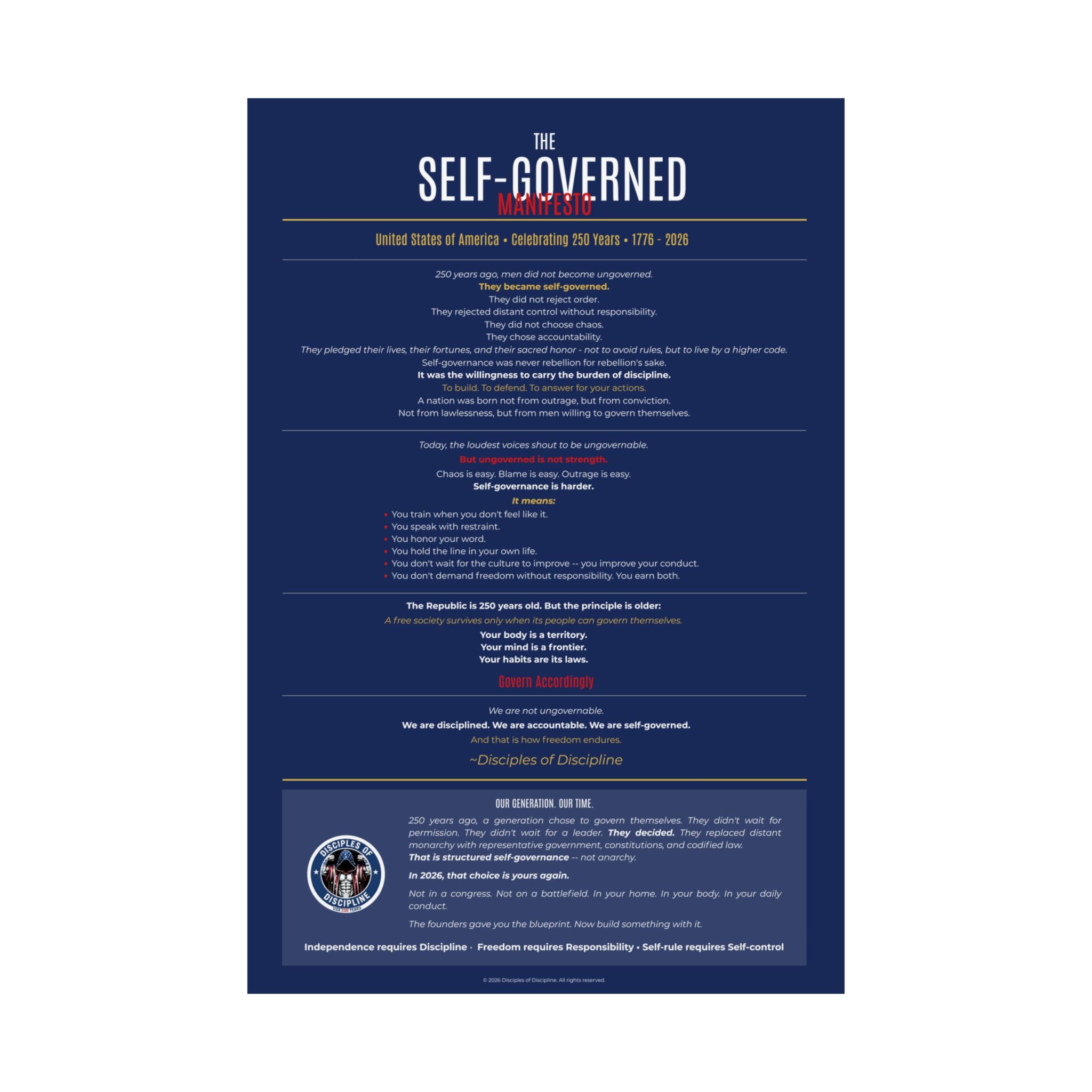 Self-Governed Manifesto Poster | USA 250th Anniversary Wall Art | Patriotic Discipline Print | Navy Gold Home Gym Office Decor 1776-2026